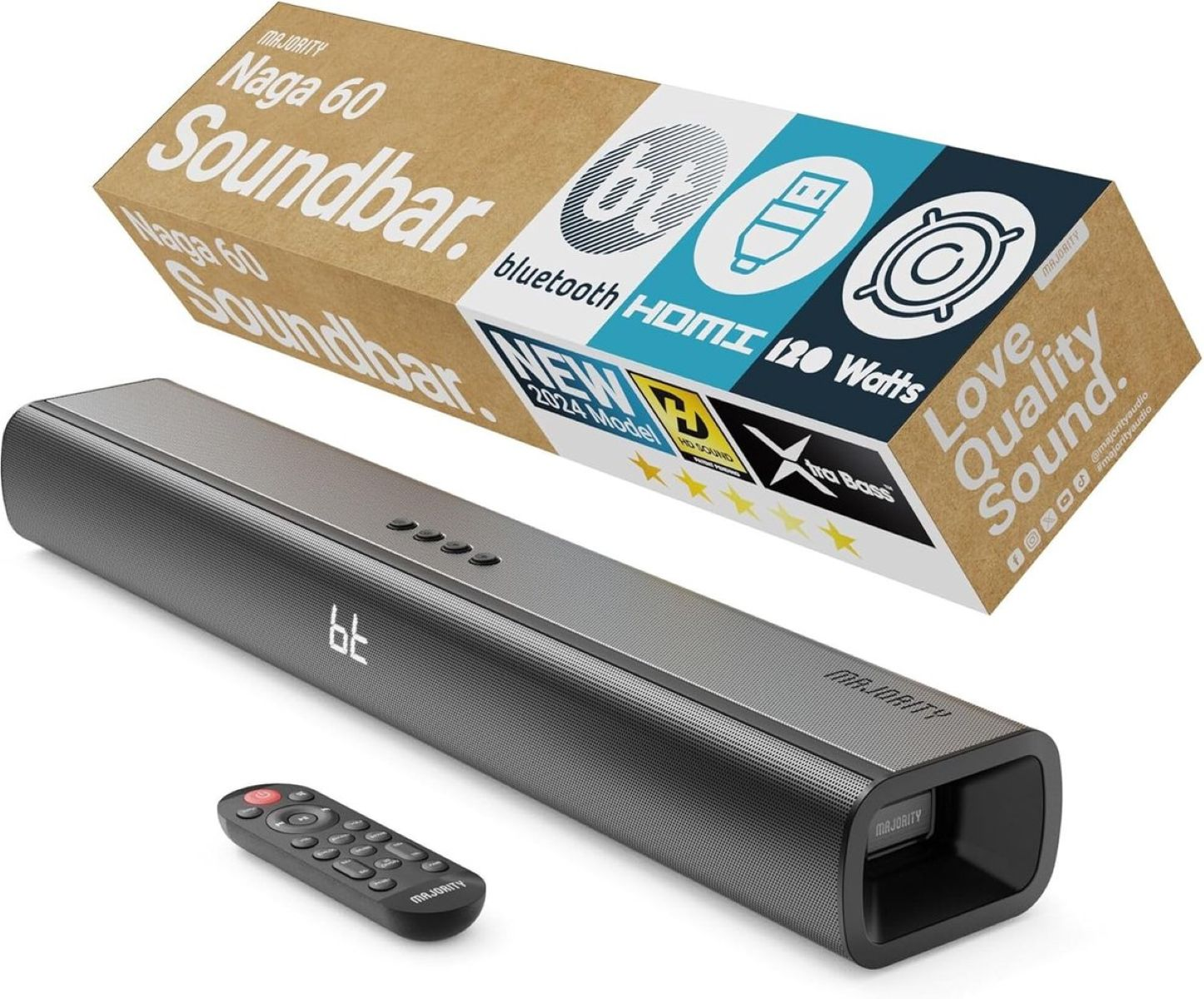 Soundbar with a remote and a box. Soundbar is black with a digital display. Box is brown with text.