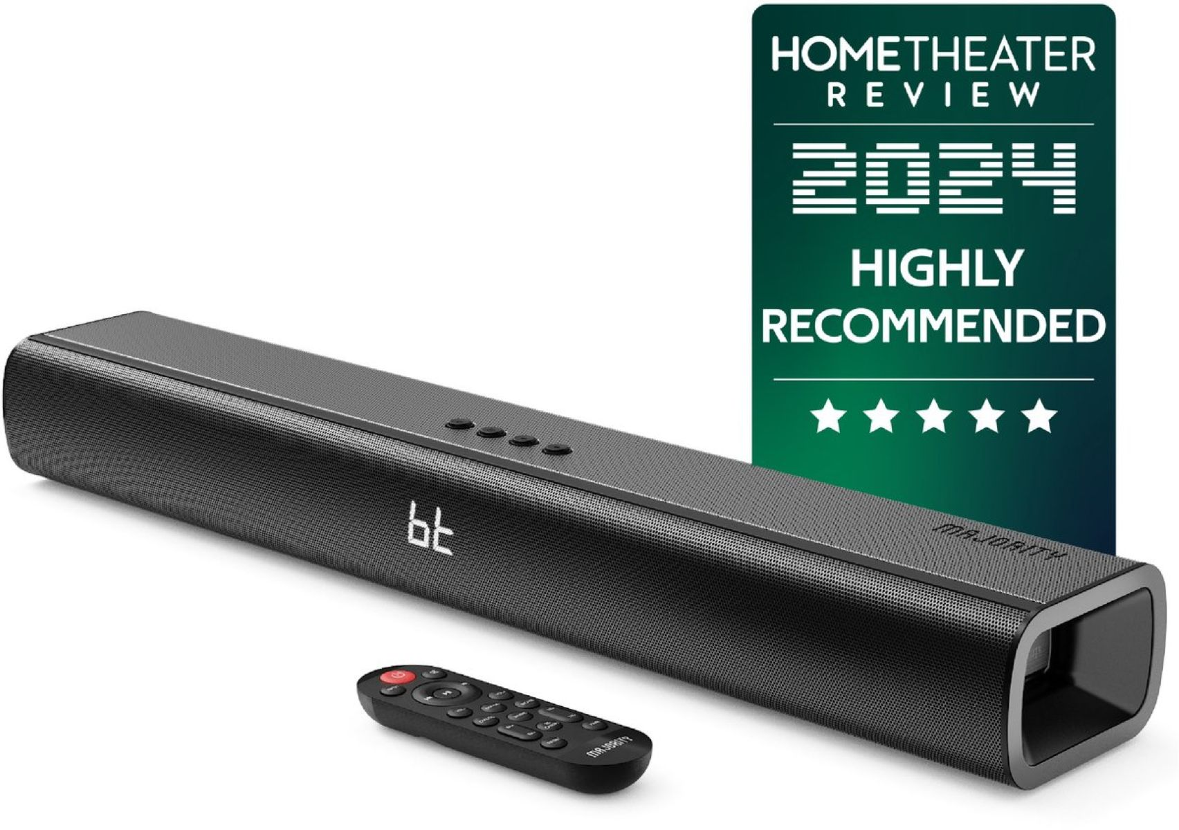 Black soundbar with remote. HomeTheater Review 2024 badge. Four stars rating.