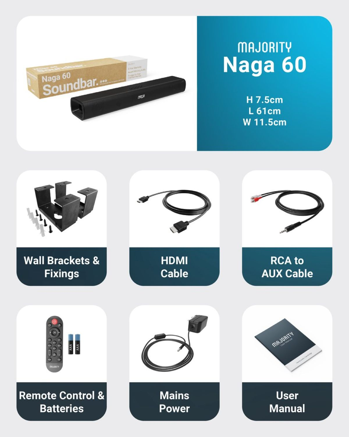 Soundbar with accessories including cables, brackets, remote, and manual, on a white background.
