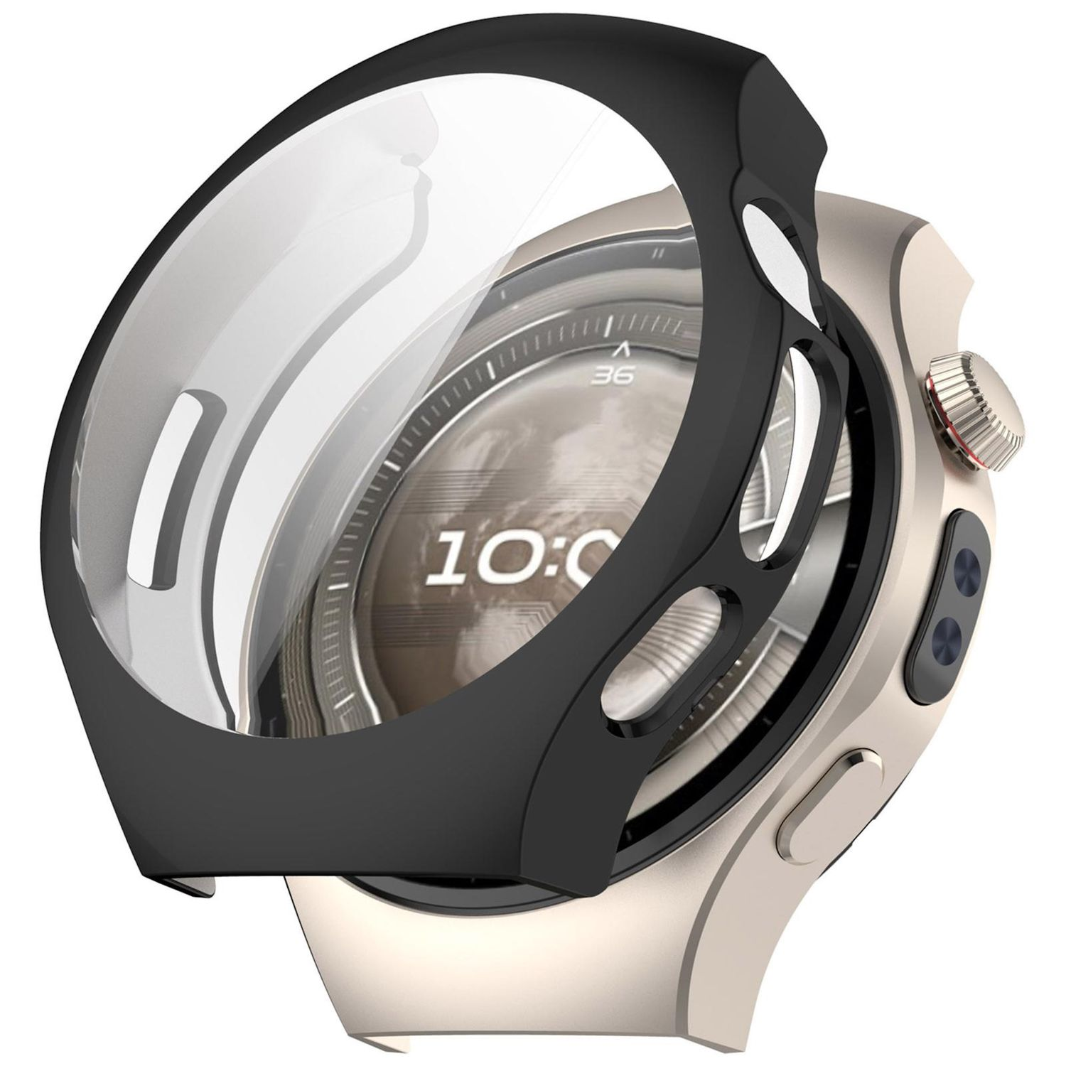 Smartwatch con cassa nera e oro, protezione aperta. Mostra l'ora 10:08 sullo schermo.