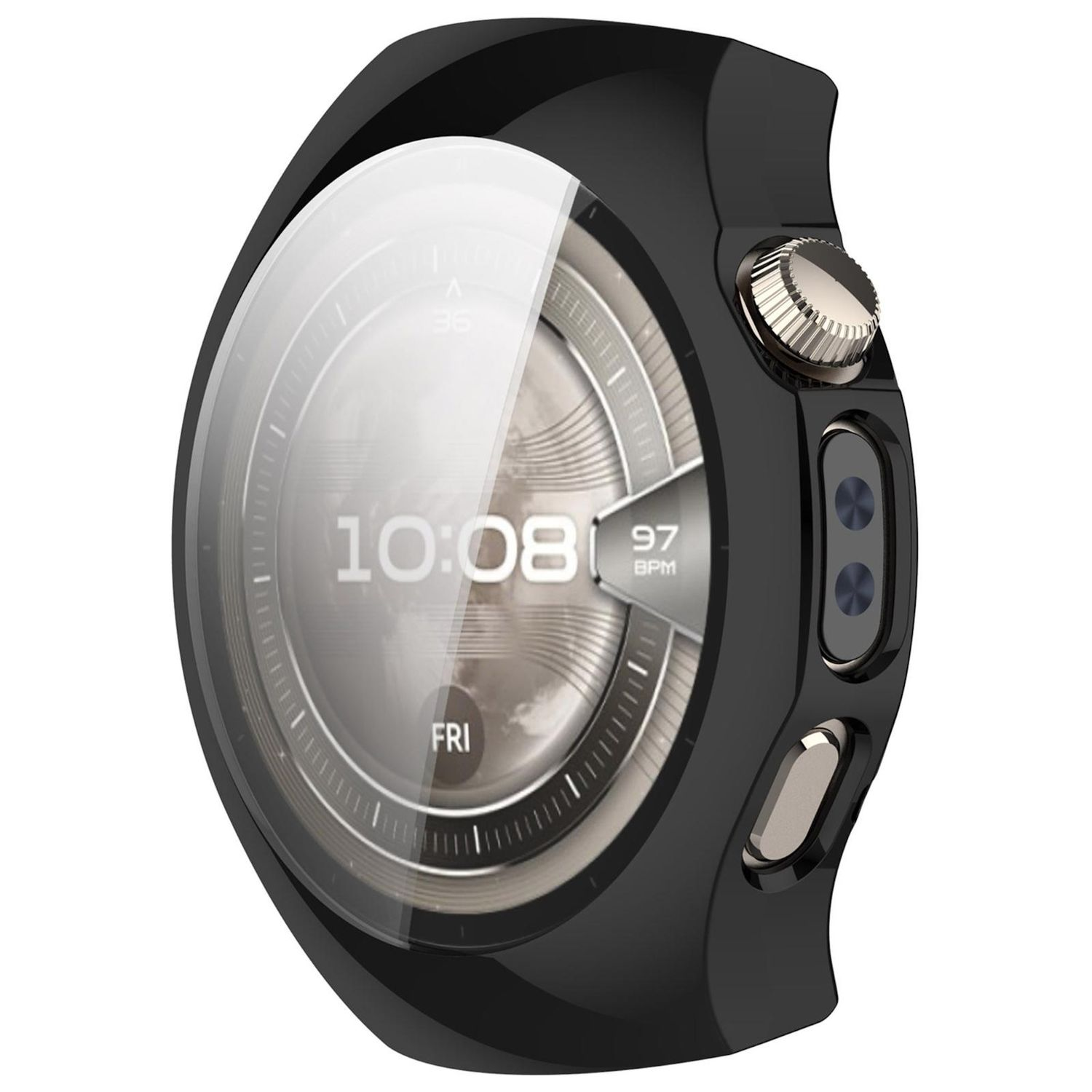 Smartwatch con cassa nera. Mostra l'ora 10:08 e la frequenza cardiaca. Cassa nera con protezione.