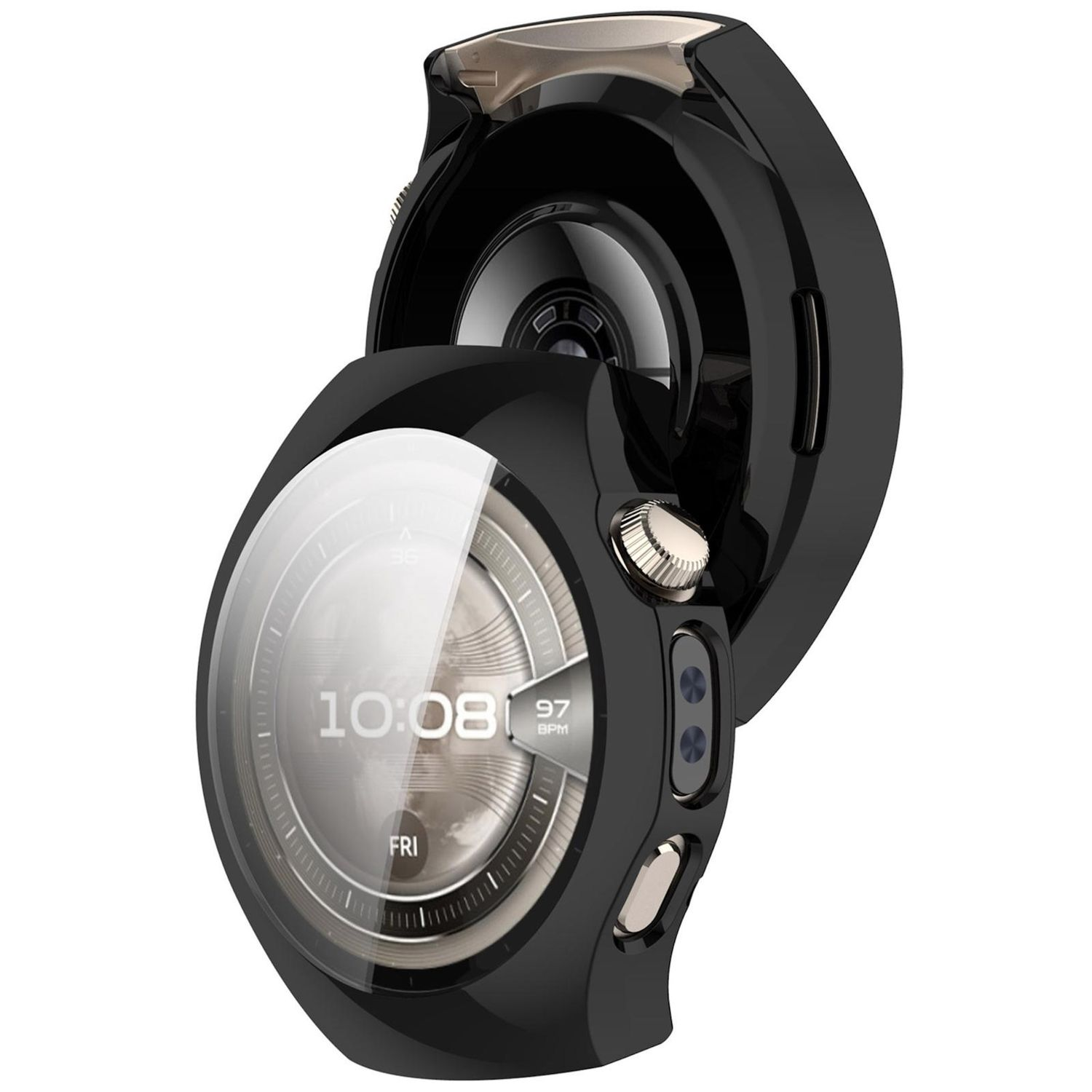 Smartwatch con protezione aperta. Cassa nera e quadrante dorato visibili. Cassa aperta per la vista.