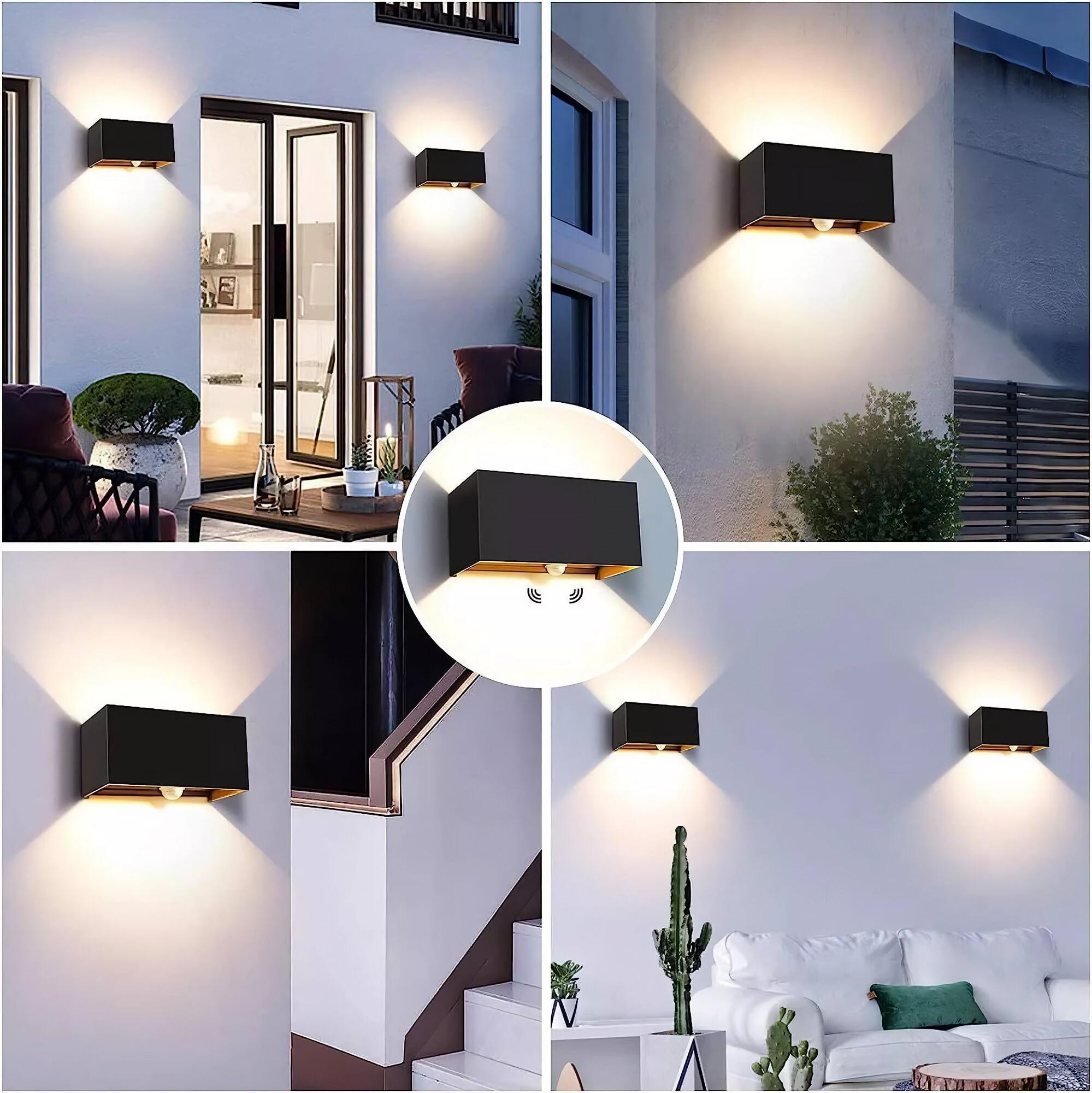 Außenwandleuchten in verschiedenen Umgebungen. Verschiedene Außenansichten mit schwarz-goldenen Lichtern.