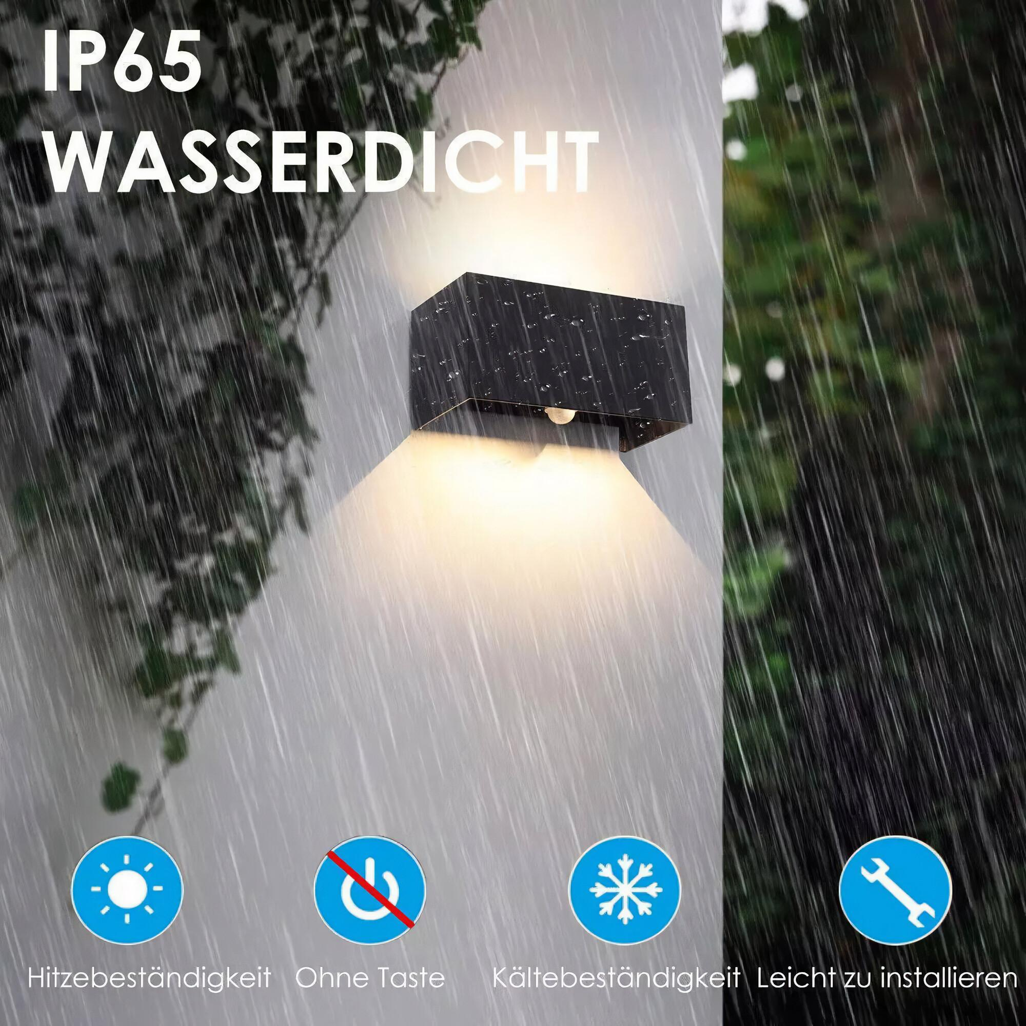 Schwarze, wasserdichte Außenwandleuchte. Regen. Icons für Hitzebeständigkeit, kein Schalter, Kälte.