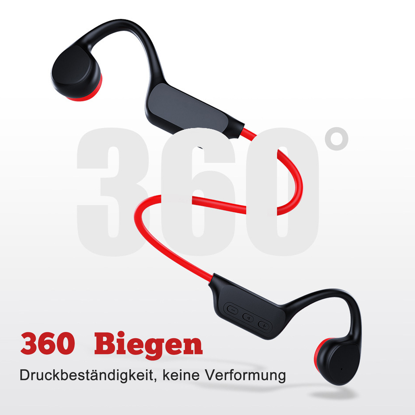 Knochenleitungskopfhörer mit rotem Nackenband, schwarzen Ohrhörern und einer 360-Grad-Biegegrafik.