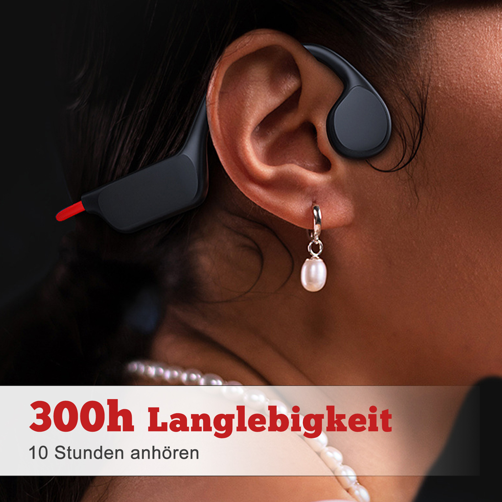 Nahaufnahme einer Frau mit schwarzen und roten Kopfhörern.