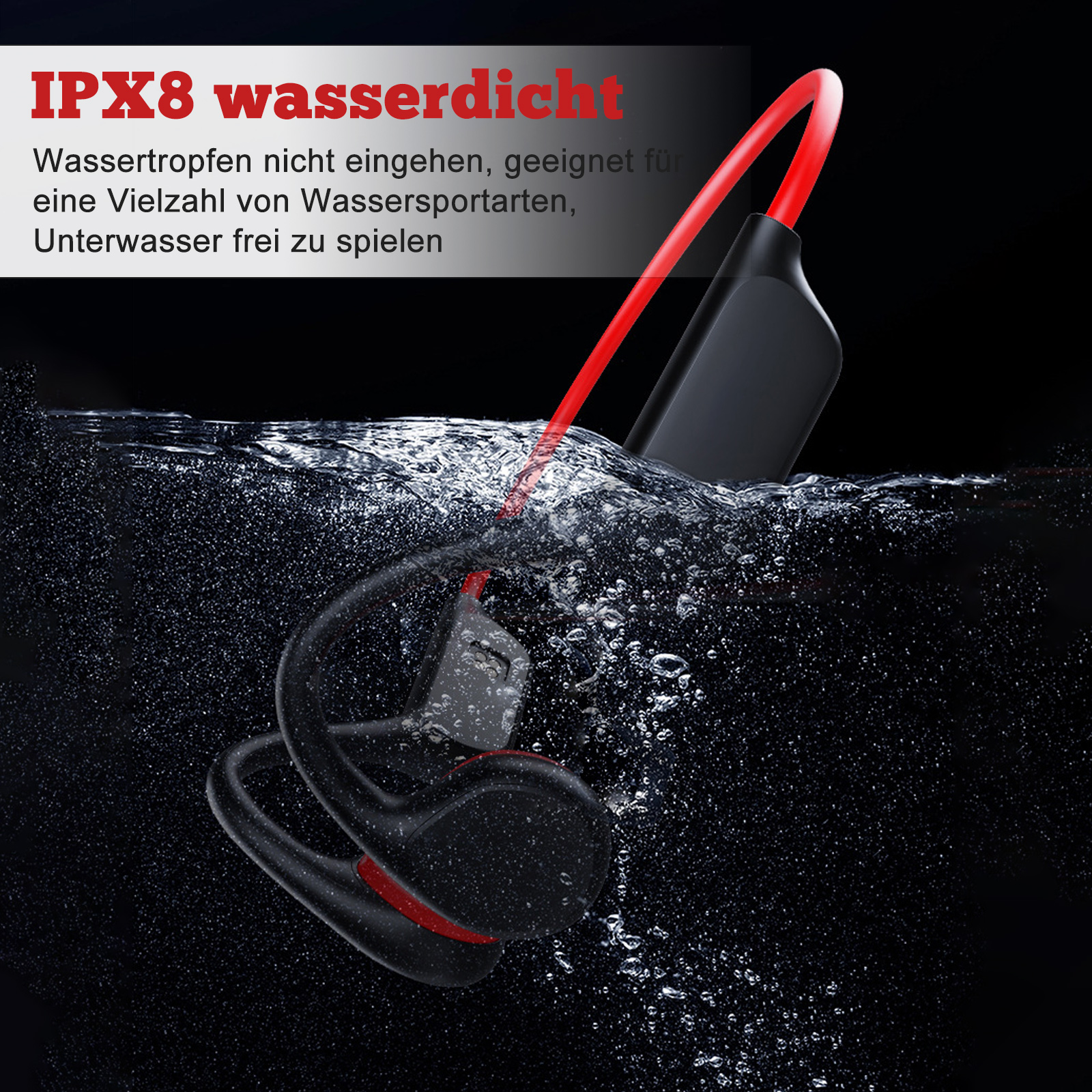 Knochenleitungskopfhörer im Wasser, mit IPX8 wasserdicht gekennzeichnet. Geeignet für Wassersport.