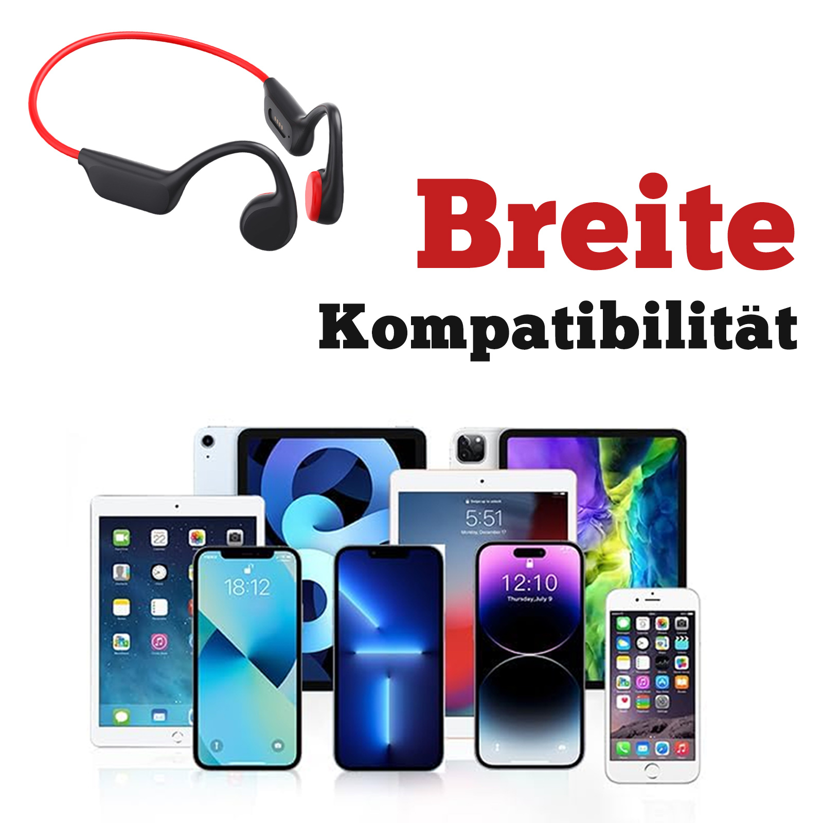 Rote und schwarze Kopfhörer und eine Vielzahl von Telefonen und Tablets.