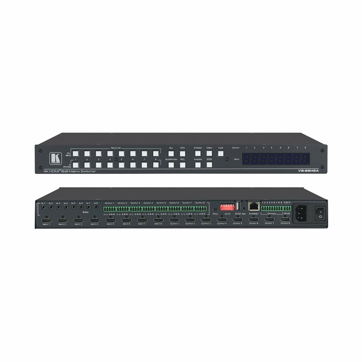 Switcher matriciale HDMI 4K nero e grigio, con porte di ingresso/uscita e un pannello display a LED.