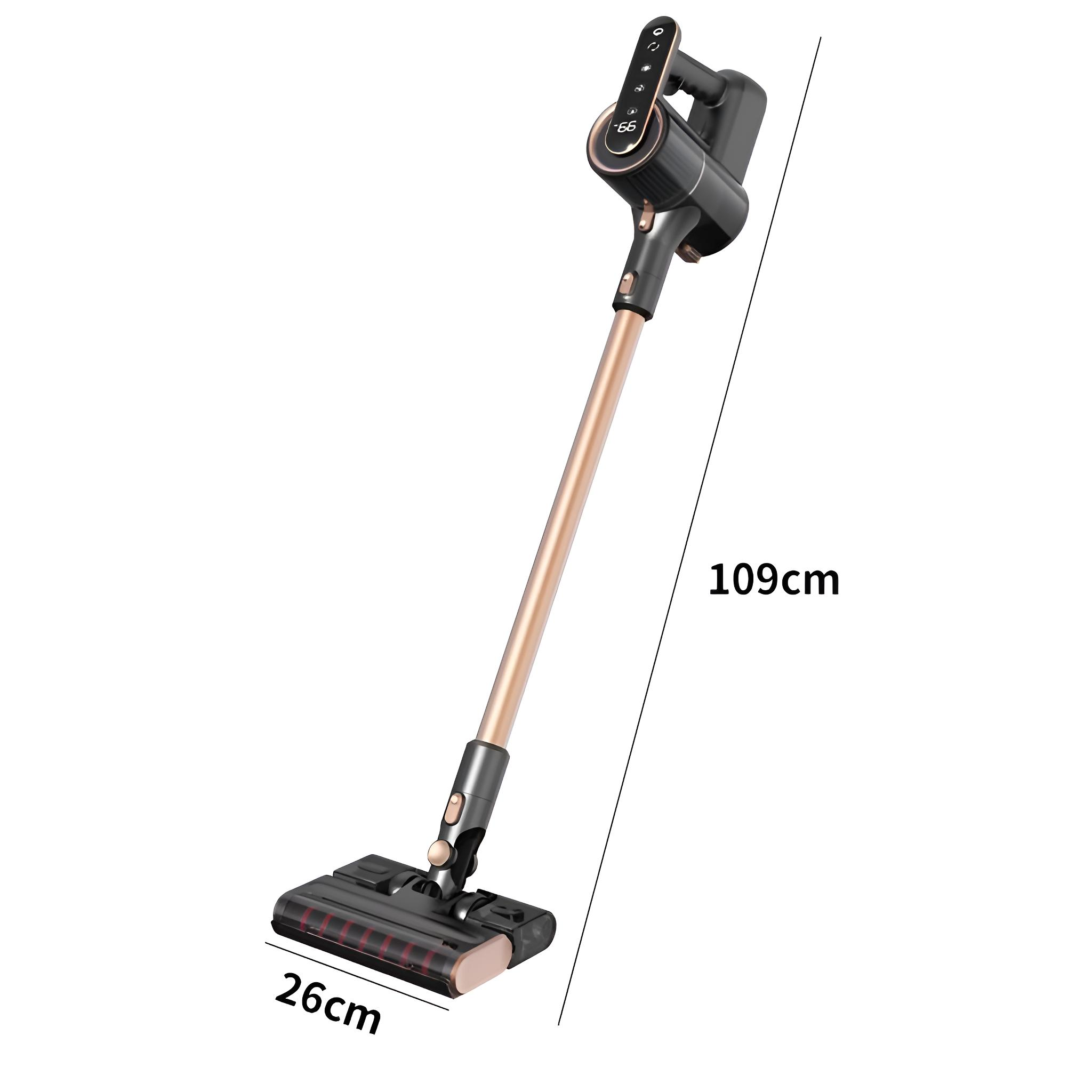 Kabelloser Staubsauger. Schwarz und Gold. Misst 109 cm hoch und 26 cm breit. Weißer Hintergrund.