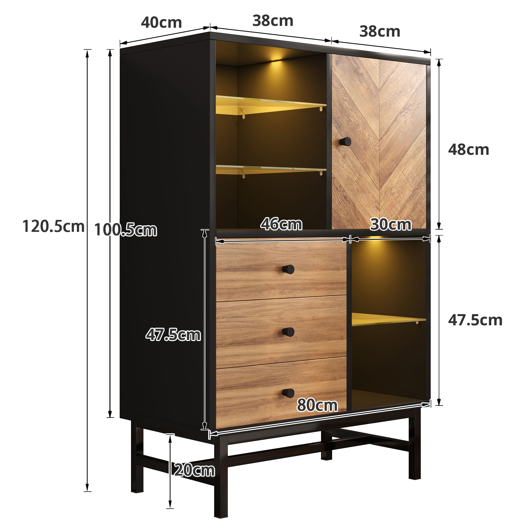 Schwarzer Schrank mit Holzschubladen und Tür. Maße und Abmessungen sind dargestellt.