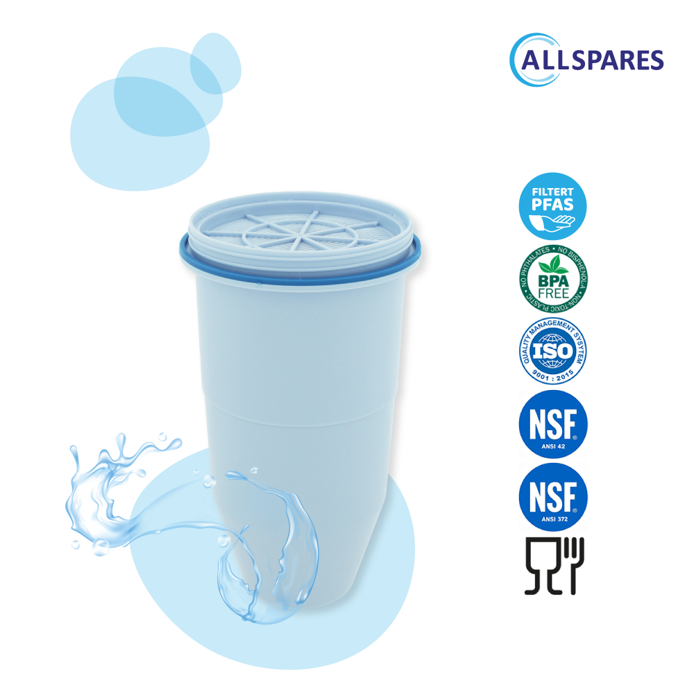 Weißer Wasserfilter mit blauen Akzenten mit Symbolen.