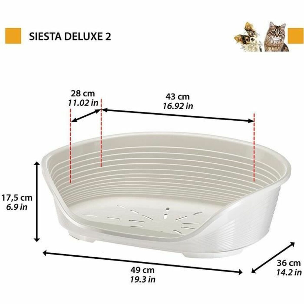 Cama para perros blanca con dimensiones. Las medidas se dan en cm y pulgadas.