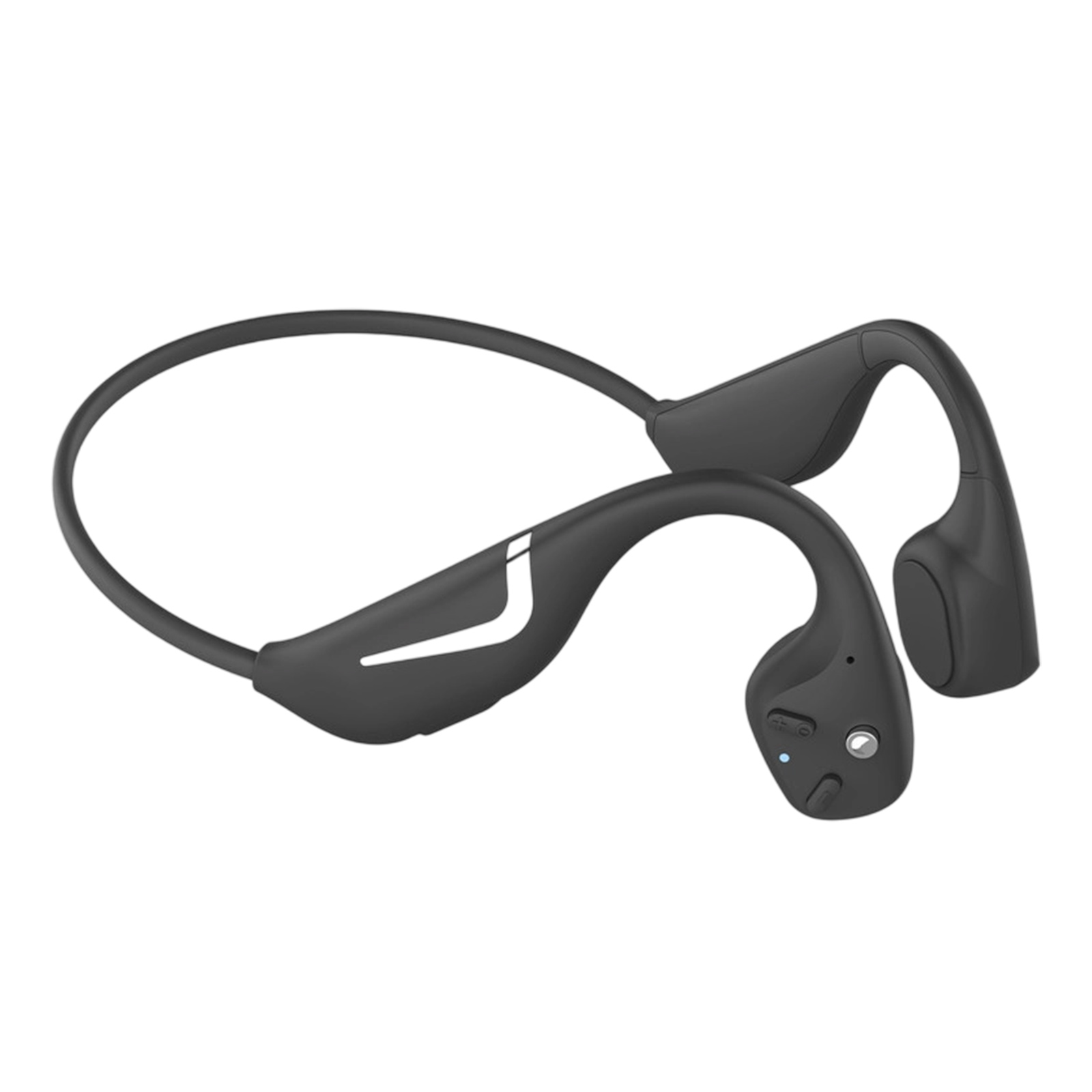 Schwarze Knochenschallkopfhörer, geschwungenes Design, weiße Akzente. Auf weißem Hintergrund isoliert.