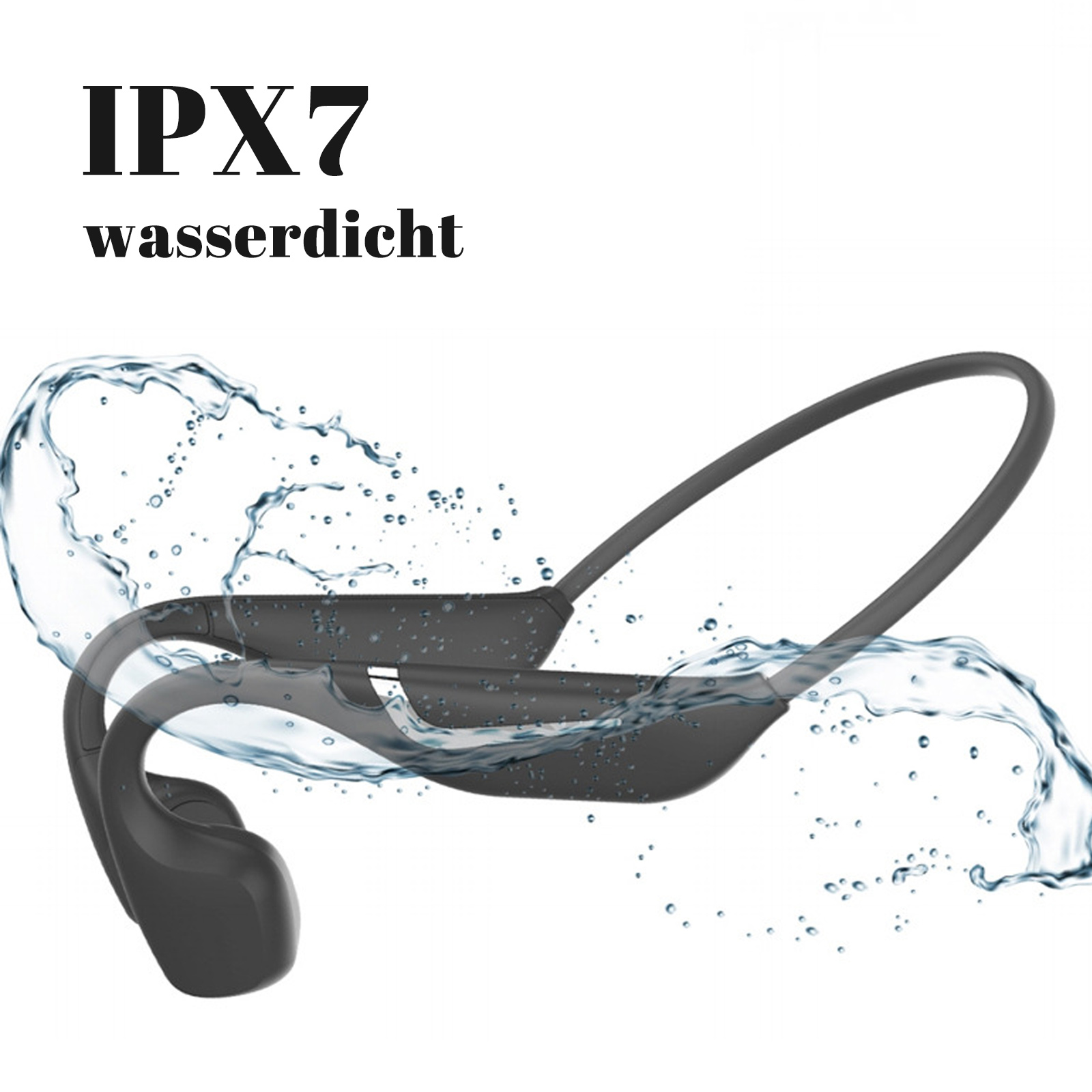 Schwarze wasserdichte Kopfhörer mit Wasserspritzer. Weißer Hintergrund.