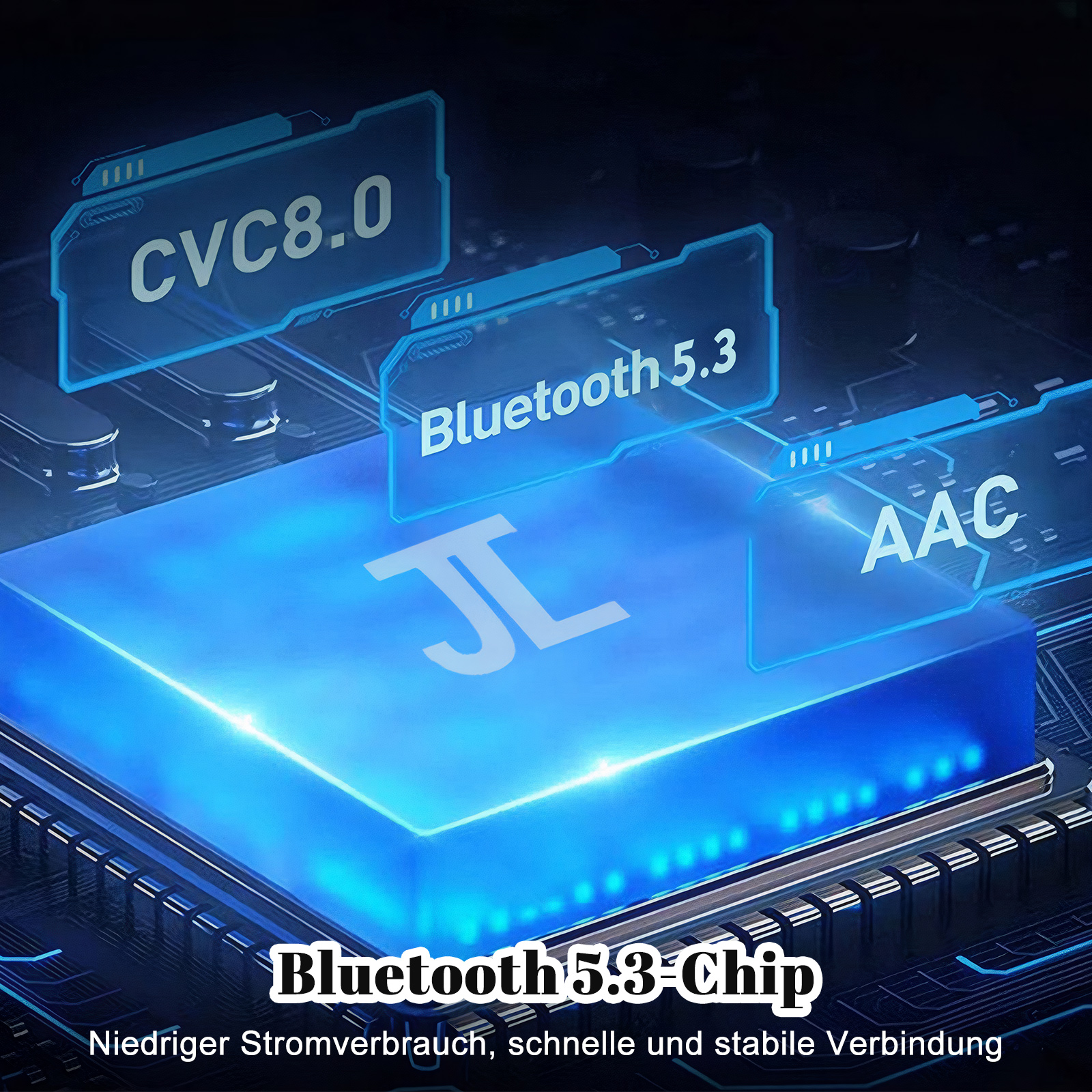 Blauer elektronischer Chip mit Text. Schwarzer Hintergrund.
