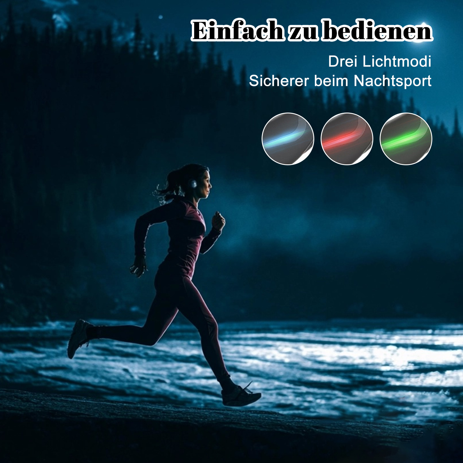 Eine Frau, die nachts läuft und Kopfhörer mit drei Lichtmodi trägt. Dunkle Szene mit Wasser.
