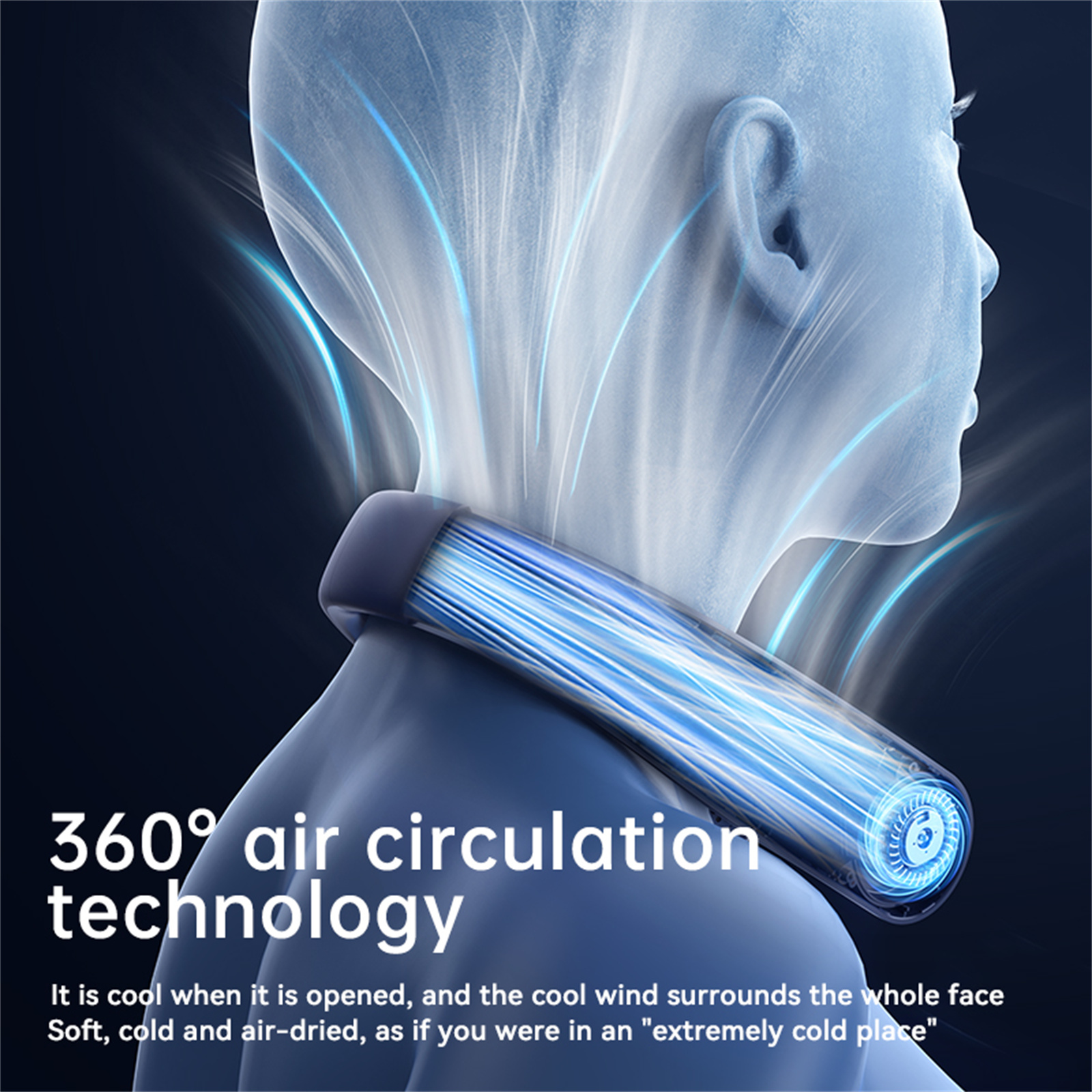 Eine Person mit einem Nackenfächer zeigt 360-Grad-Luftzirkulationstechnologie. Blaue Luftströme sichtbar.