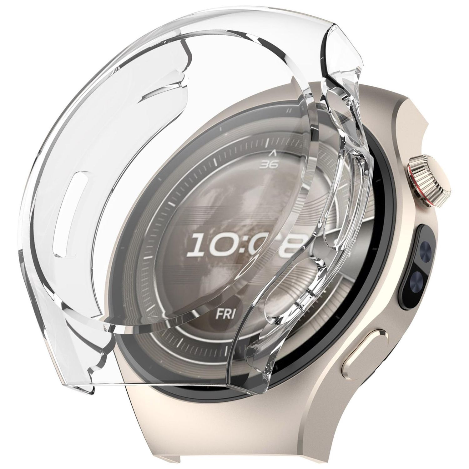 Smartwatch con copertura protettiva trasparente. Il quadrante mostra ora e data.