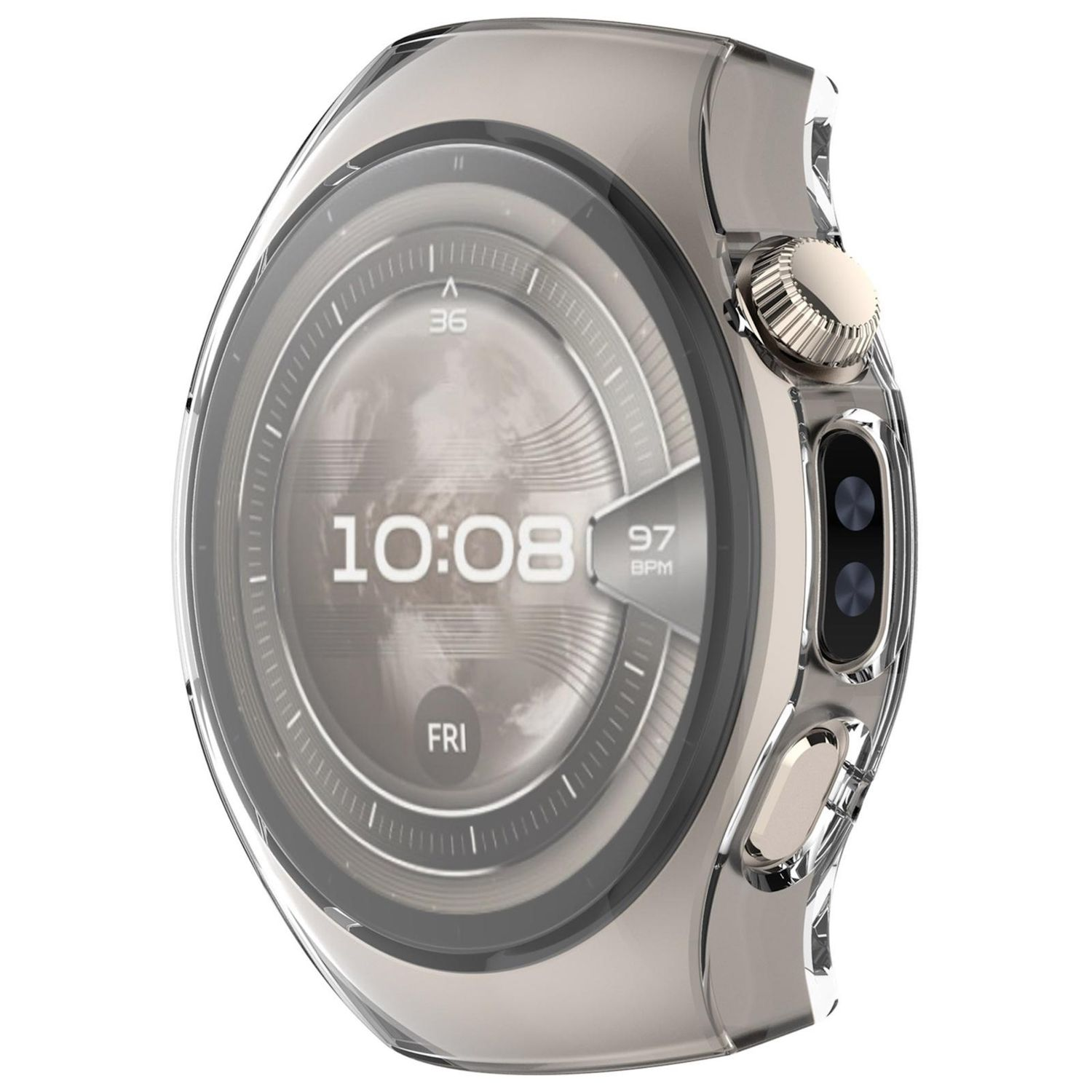 Smartwatch argentato con custodia protettiva trasparente. Mostra ora e frequenza cardiaca.