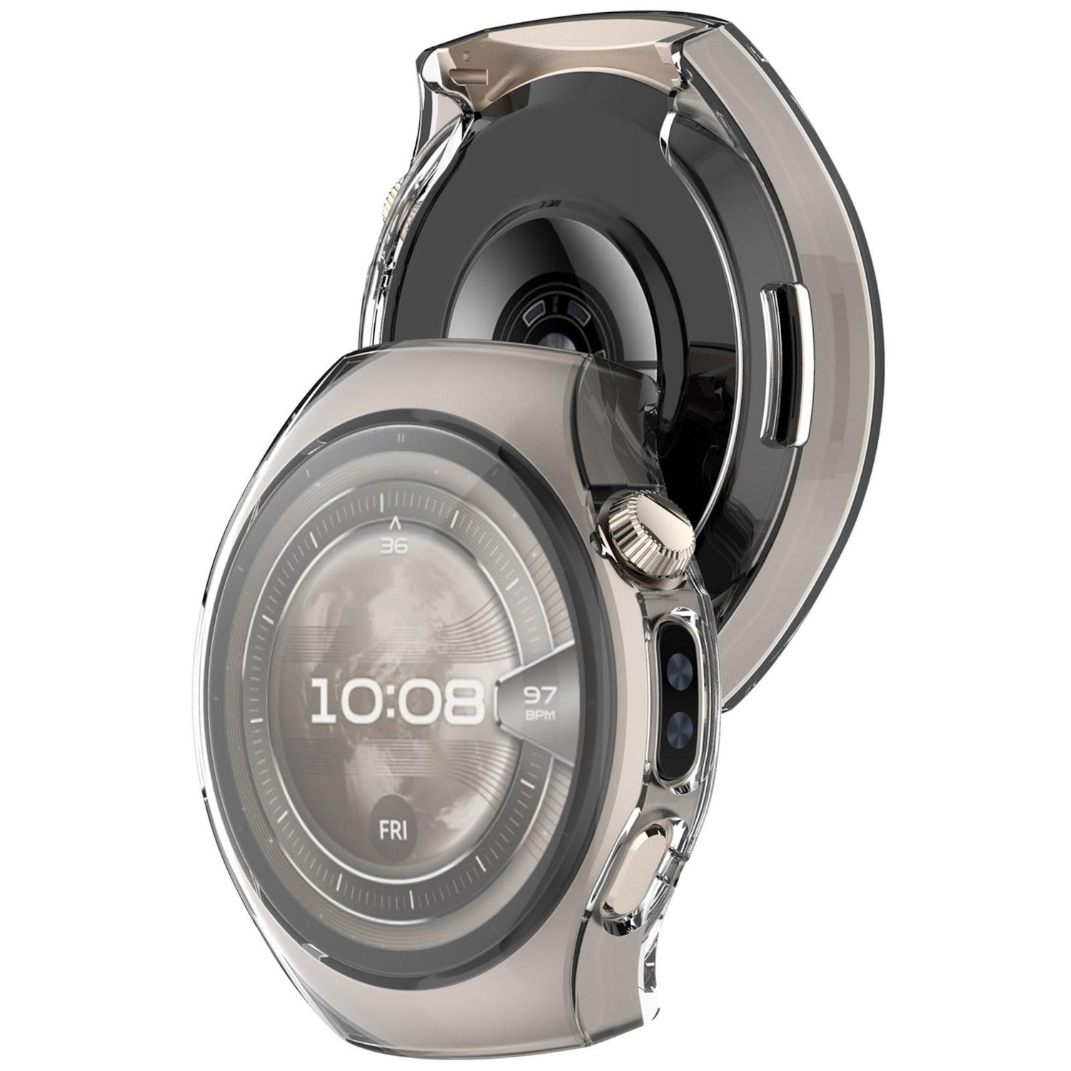 Smartwatch con protezione trasparente, che mostra lo schermo. Ora e data sono visualizzate.