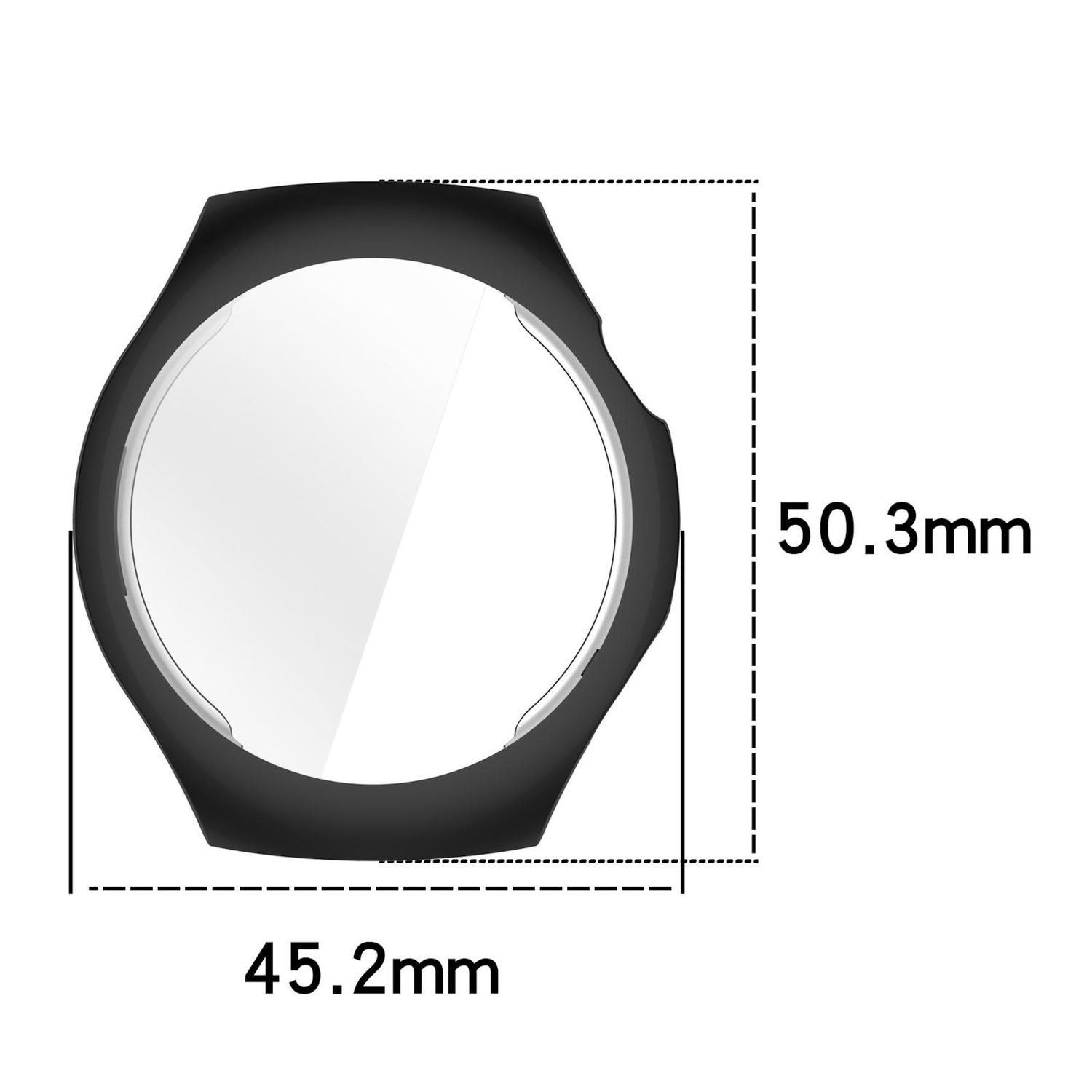 Cassa dell'orologio nera con dimensioni etichettate: 50,3 mm x 45,2 mm.