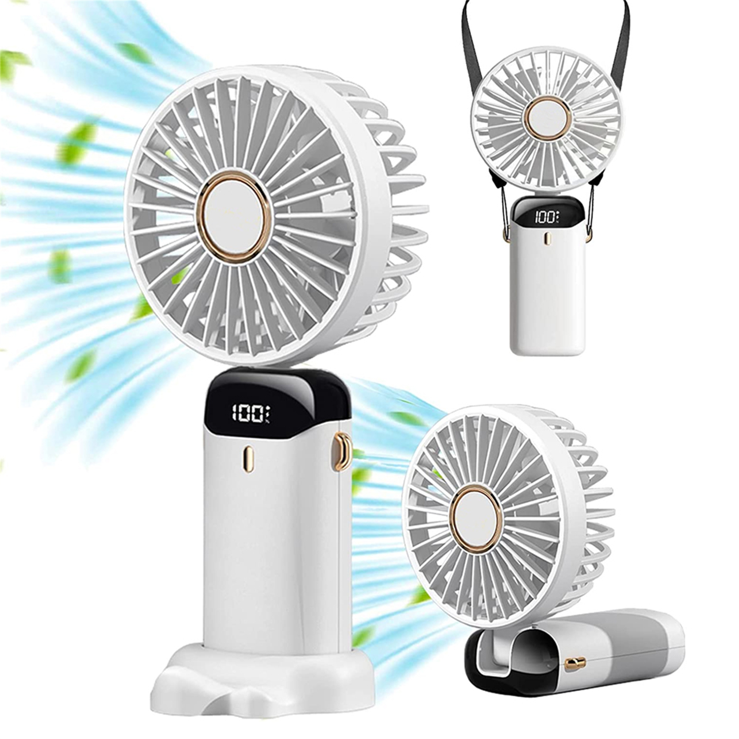 Weißer tragbarer Ventilator in verschiedenen Ansichten, zeigt '100'. Luftstrom sichtbar. Mehrere Einheiten.