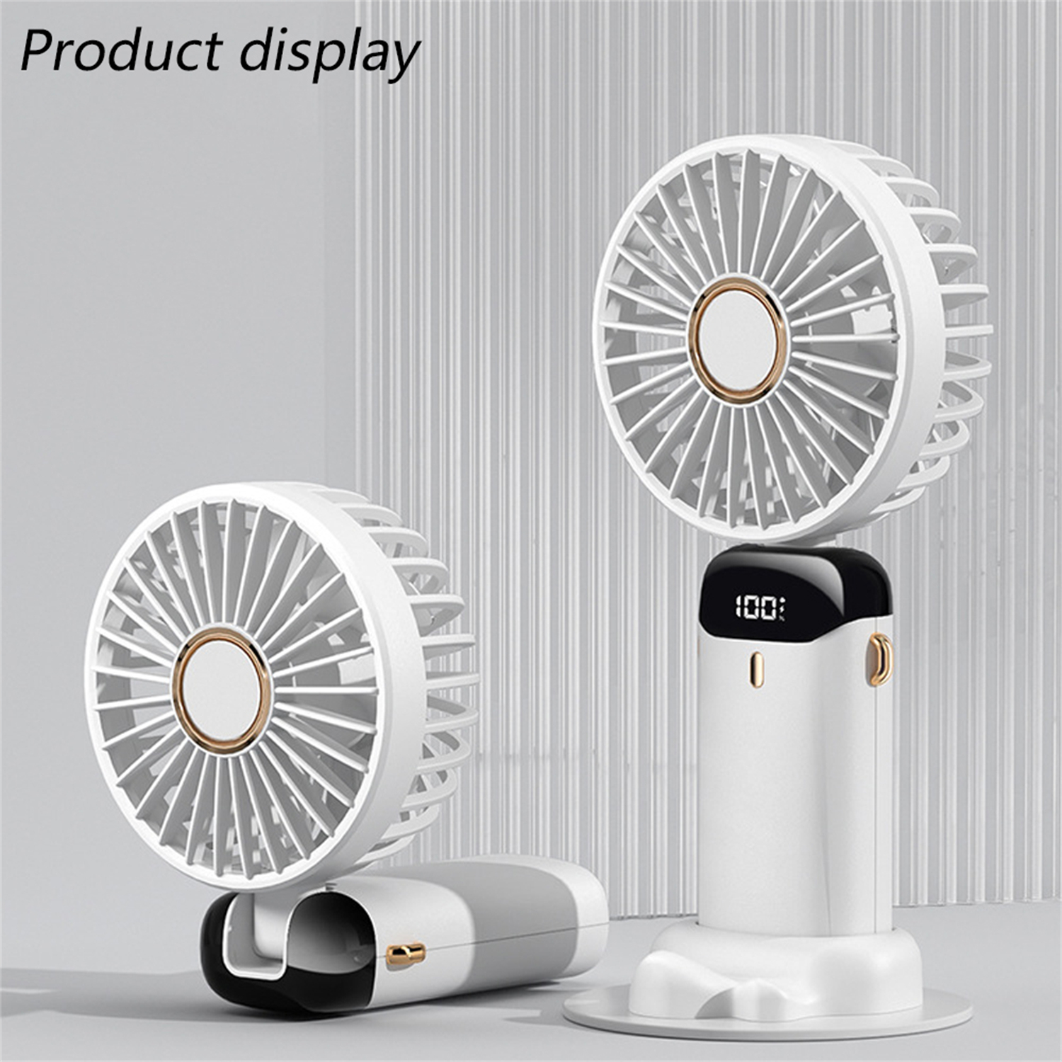 Produktpräsentation weißer tragbarer Ventilatoren. '100' wird angezeigt. Mehrere Ventilatoren werden gezeigt.