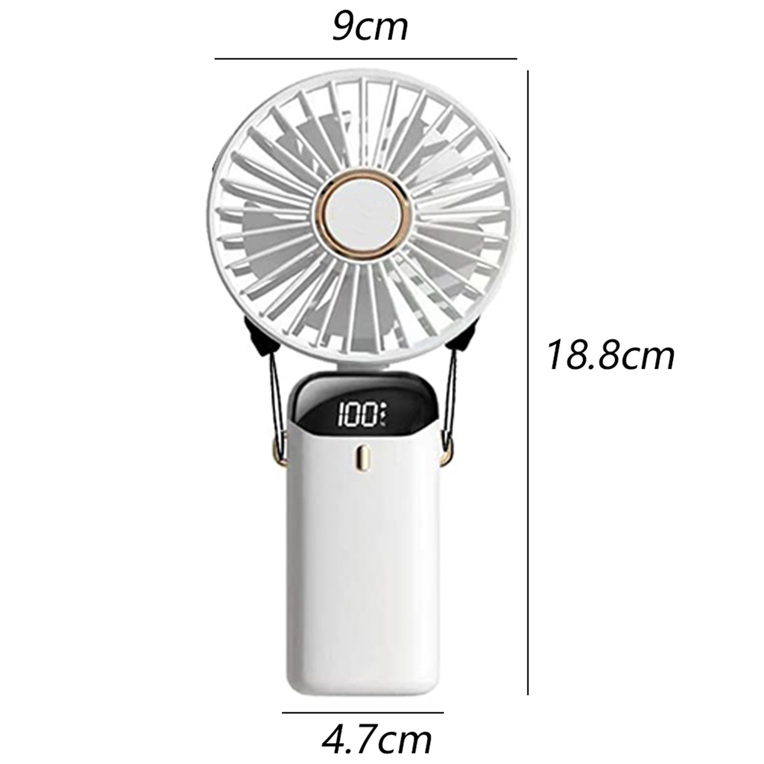 Weißer tragbarer Ventilator mit digitaler Anzeige '100'. Abmessungen: 9cm x 18,8cm x 4,7cm.