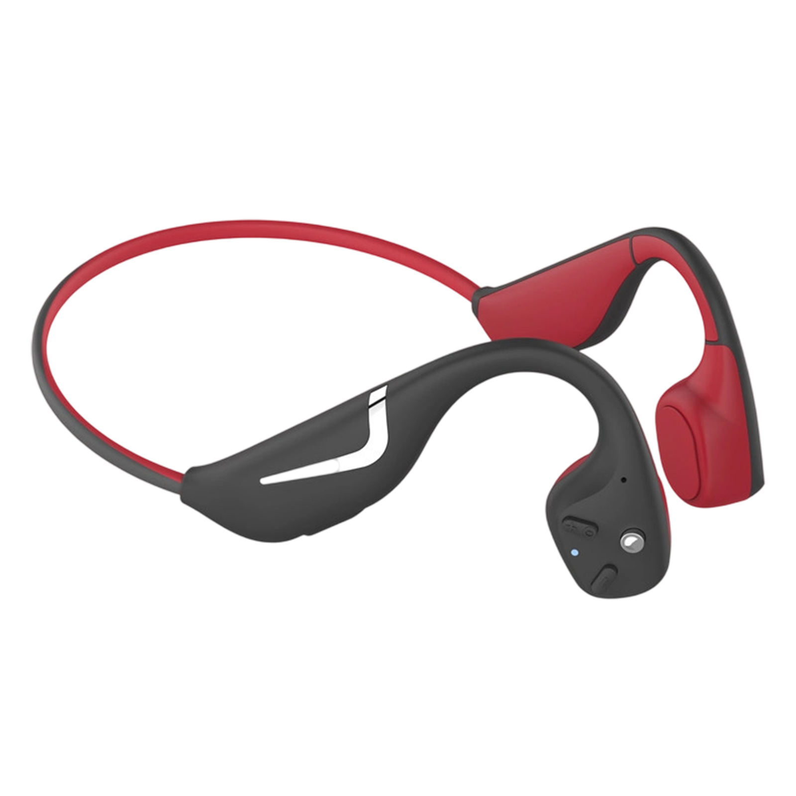 Rote und schwarze kabellose Knochenschallkopfhörer. Das Design umschließt die Ohren.