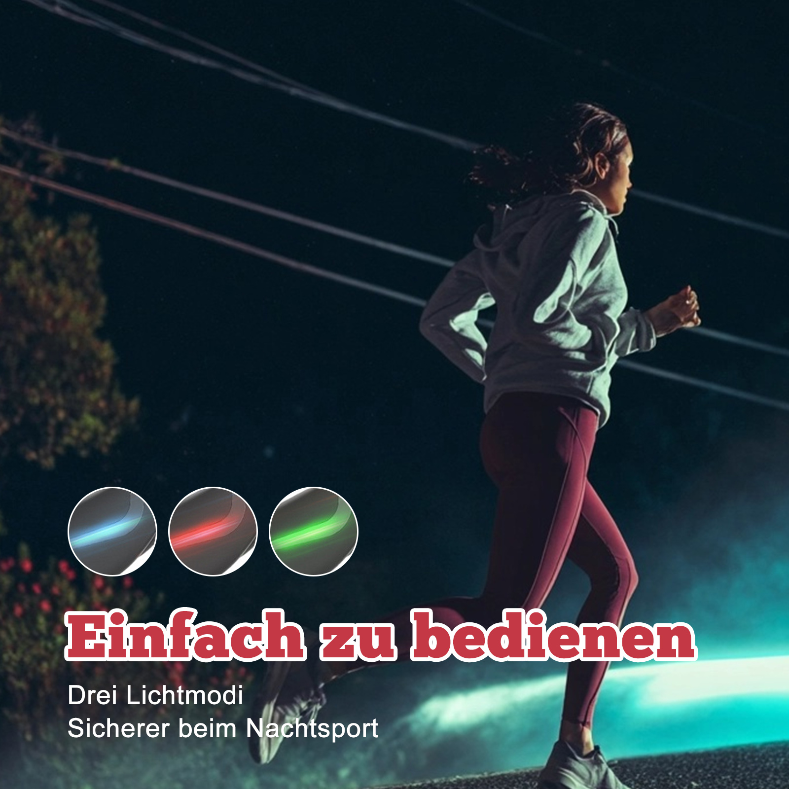 Frau joggt nachts mit drei Lichtmodi für Sicherheit.