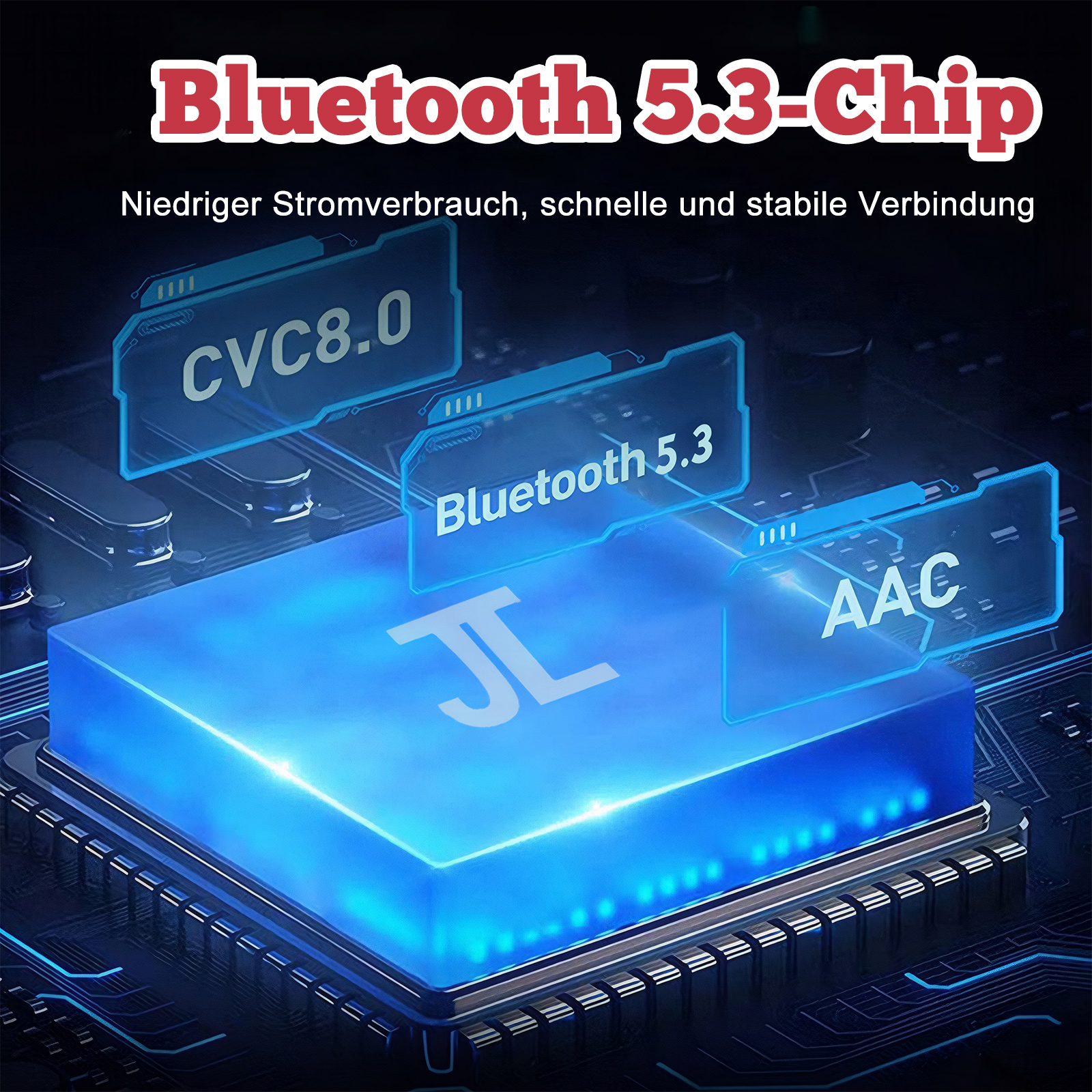 Nahaufnahme eines blauen elektronischen Chips mit Textbezeichnungen.
