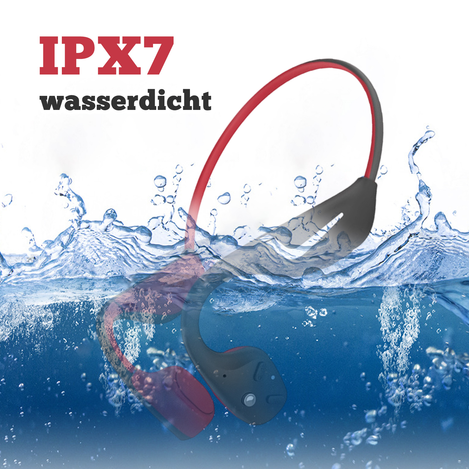 Kopfhörer im Wasser mit Text: IPX7 wasserdicht.