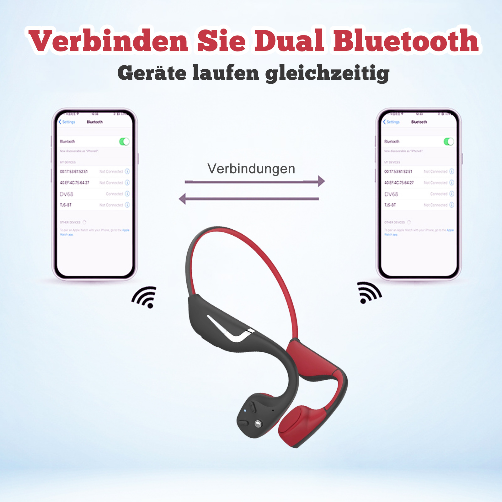 Zwei Telefone zeigen Bluetooth-Verbindungen zu Knochenschallkopfhörern.