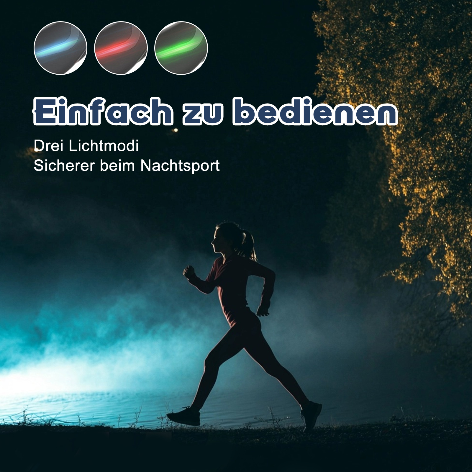 Frau läuft nachts, mit Lichtmodi auf den Kopfhörern.
