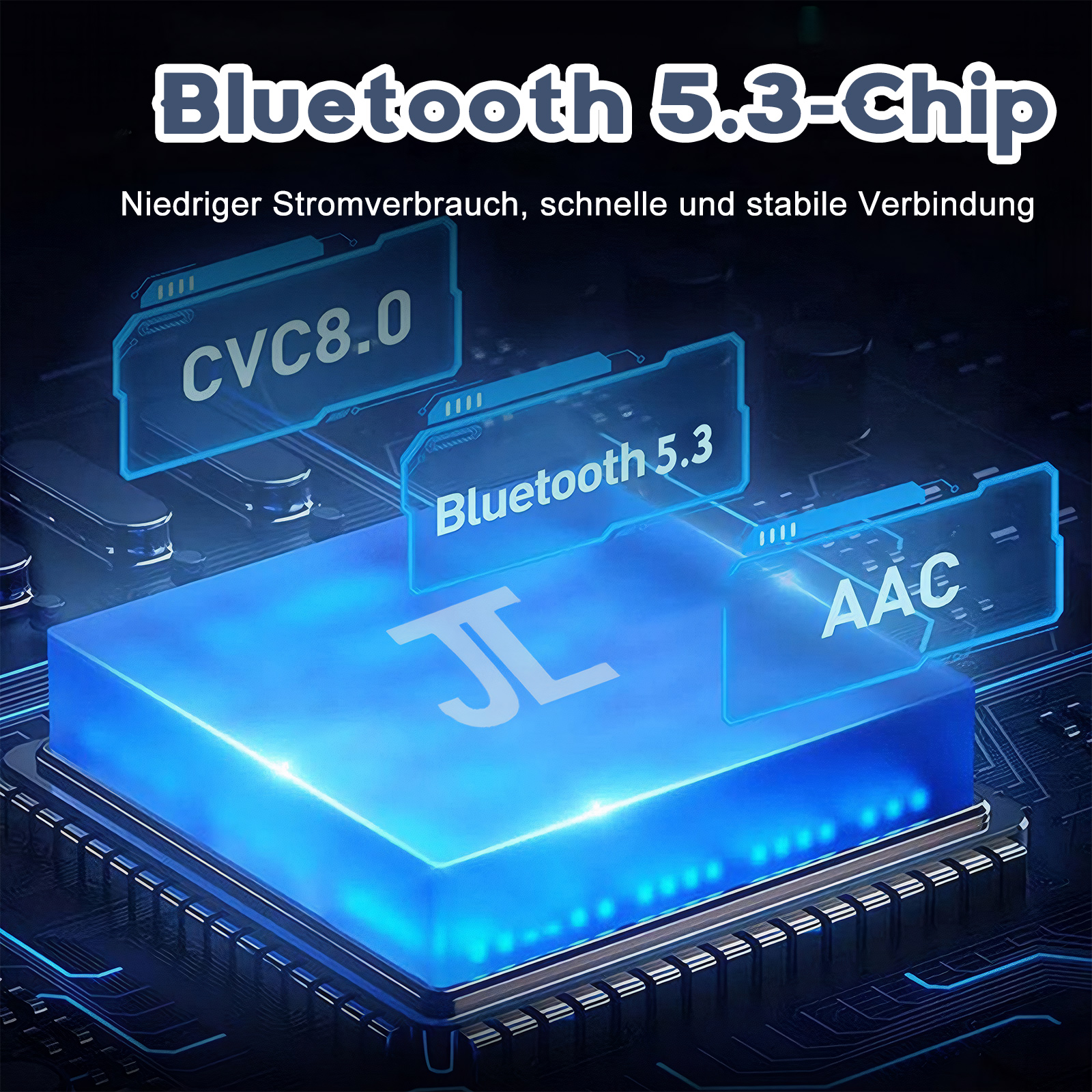 Nahaufnahme eines blauen elektronischen Chips mit Textbezeichnungen.