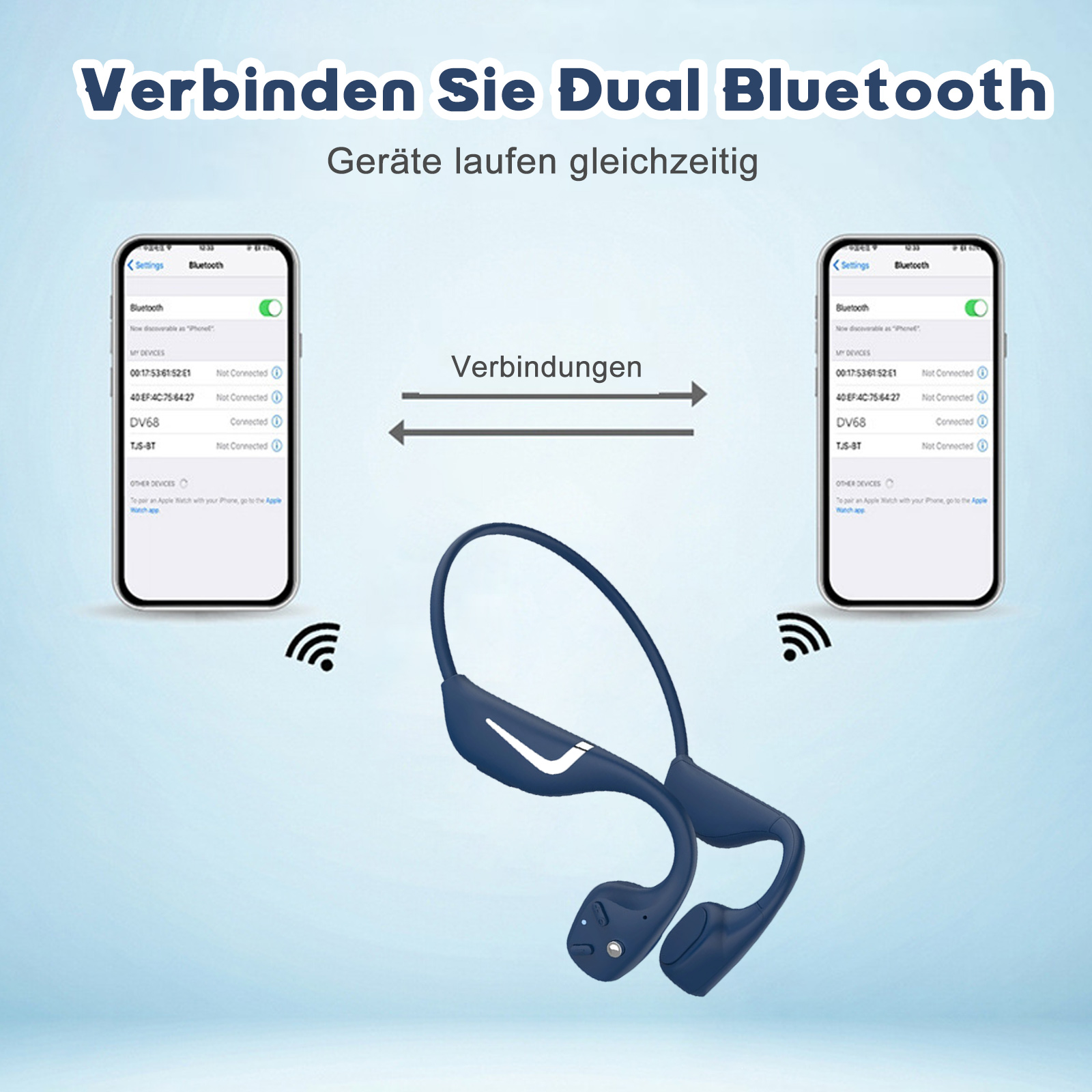 Zwei Telefone zeigen Bluetooth-Einstellungen. Ein blaues Headset befindet sich dazwischen, mit Pfeilen.