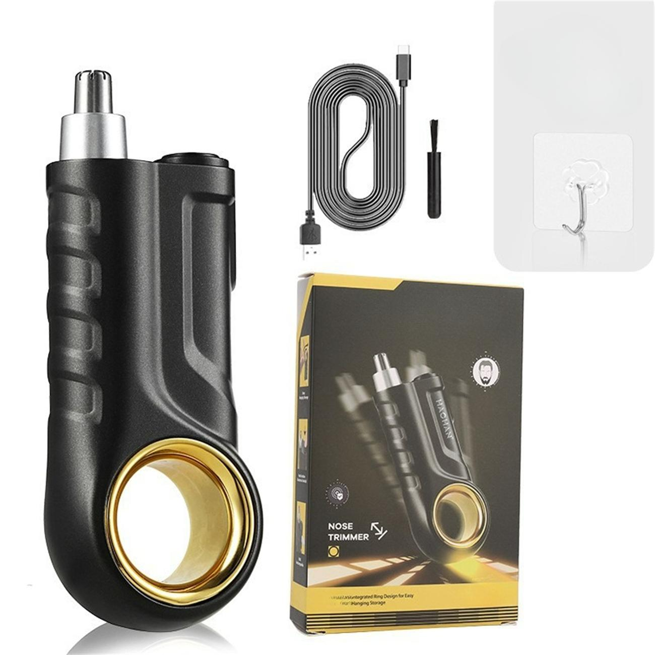 Schwarzer Nasenhaartrimmer mit goldenen Akzenten, Kabel, Bürste und Haken. Eine Box zeigt das Produkt.