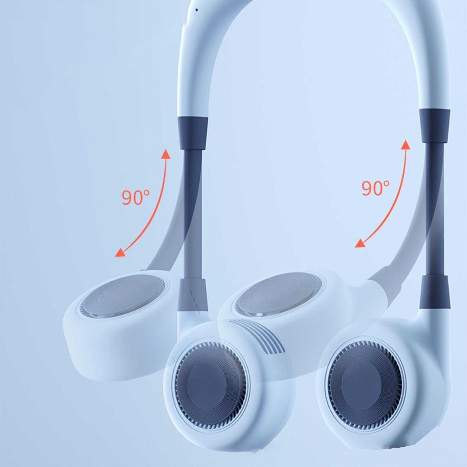 Ein Nackenventilator mit drei Ansichten, die eine 90-Grad-Drehung der Ventilatorköpfe zeigen.