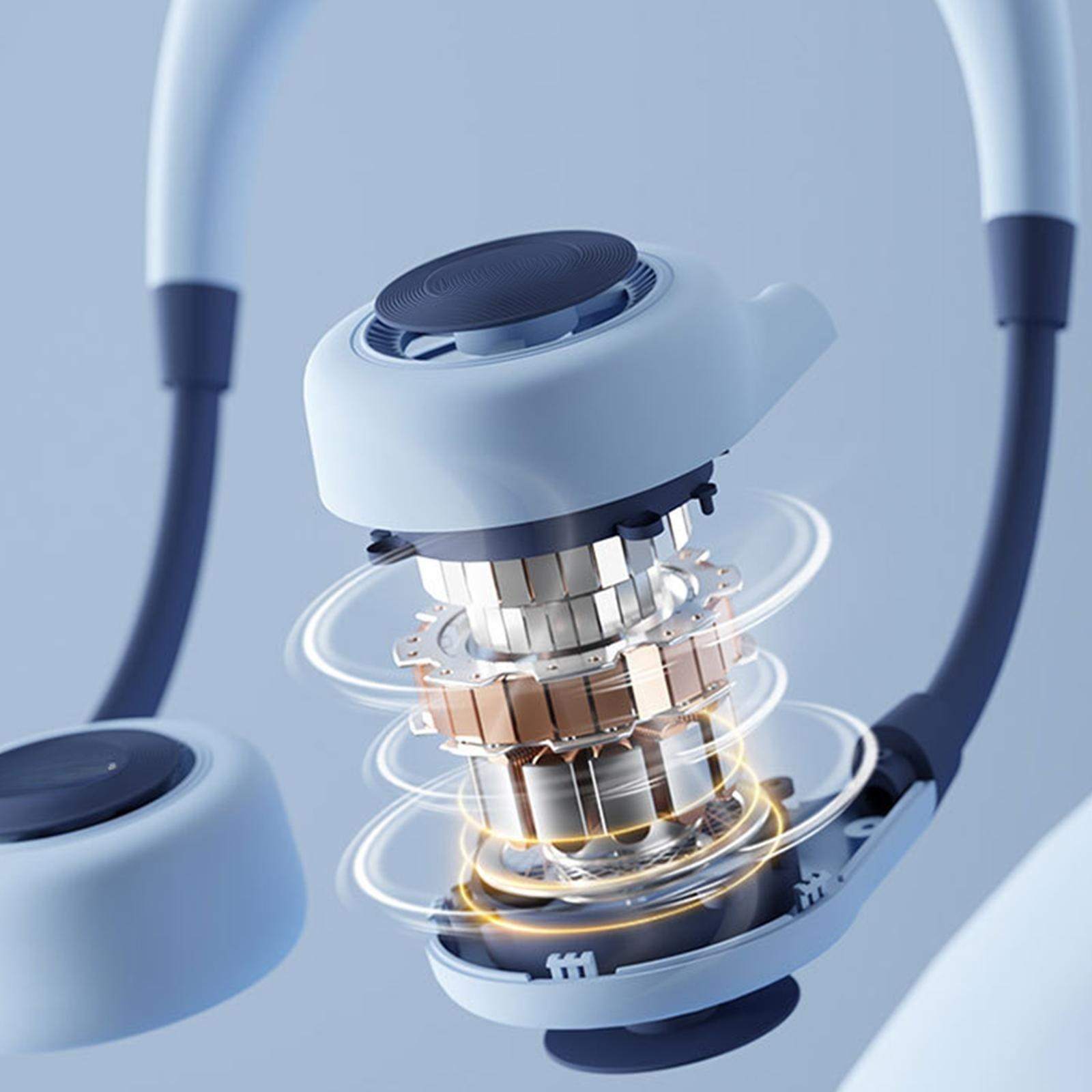 Ein Nackenventilator mit sichtbaren internen Komponenten. Der Ventilator ist weiß und blau, mit Nahaufnahme des Motors.