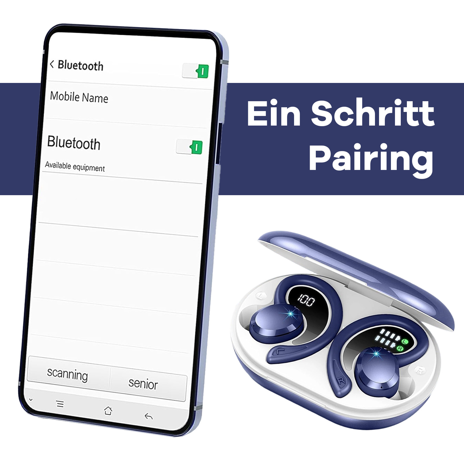 Ein Smartphone zeigt Bluetooth-Pairing. Ein Paar blaue Ohrhörer befinden sich in ihrem Ladeetui. Text: Ein Schritt Pairing.