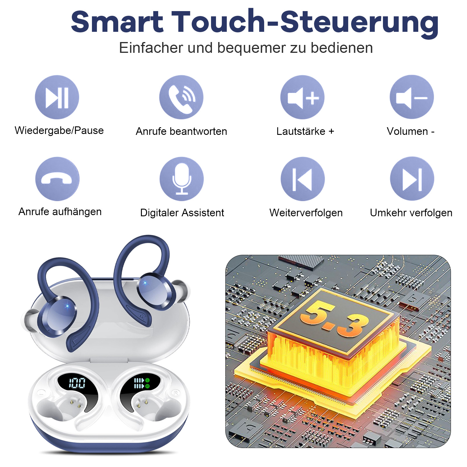 Ohrhörer und Ladeetui. Symbole für intelligente Touch-Steuerung werden angezeigt. Eine Leiterplatte befindet sich im Hintergrund.