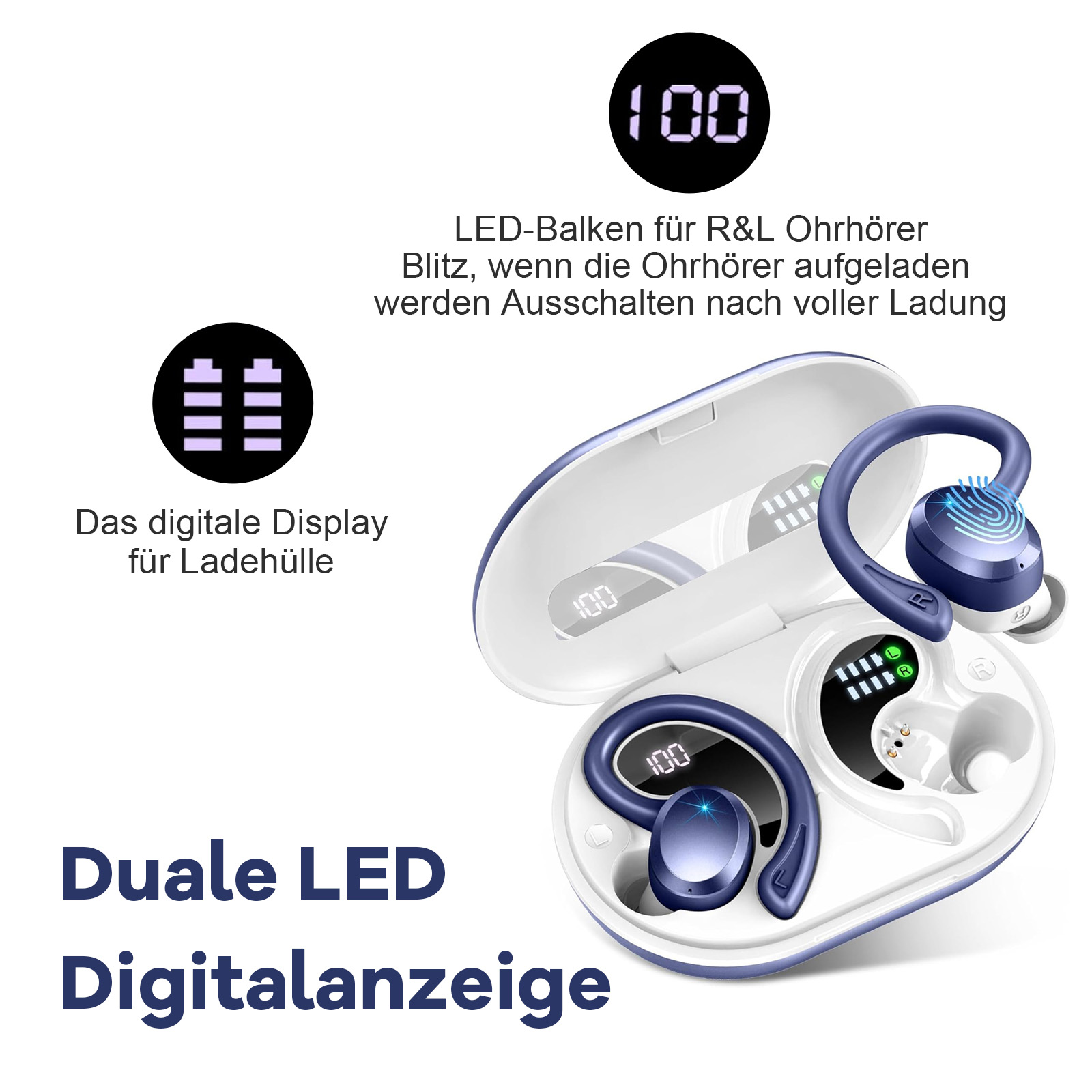 Ohrhörer in einem Ladeetui. Eine digitale Anzeige zeigt den Ladestand an. Text: 'Duale LED Digitalanzeige' sichtbar.