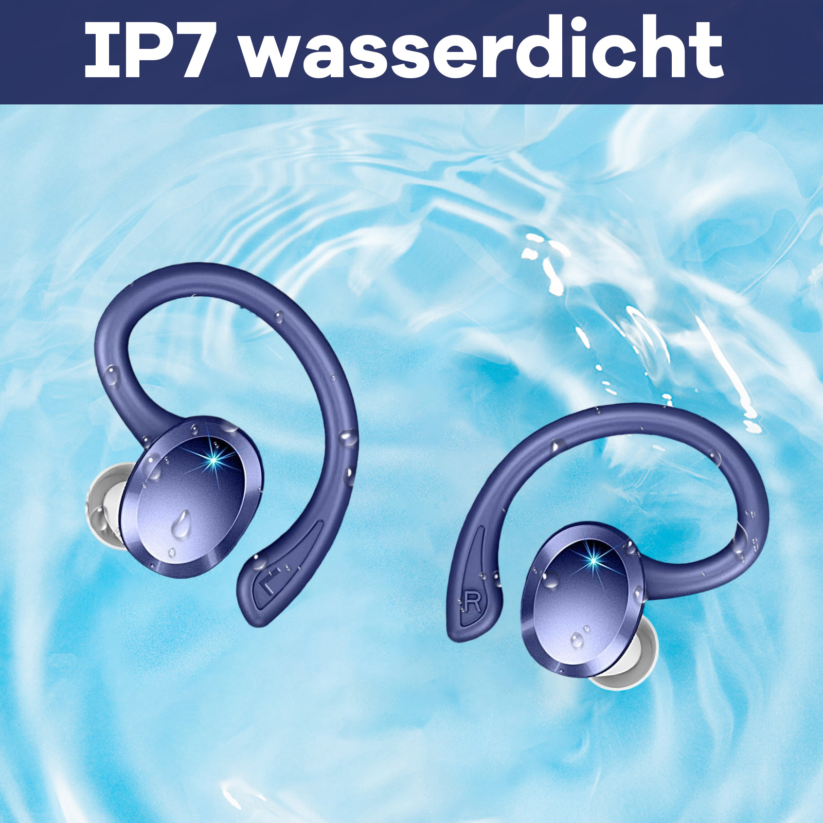 Blaue Ohrhörer im Wasser. Ohrhörer sind teilweise untergetaucht, Wassertropfen auf der Oberfläche. Text 'IP7 wasserdicht' sichtbar.