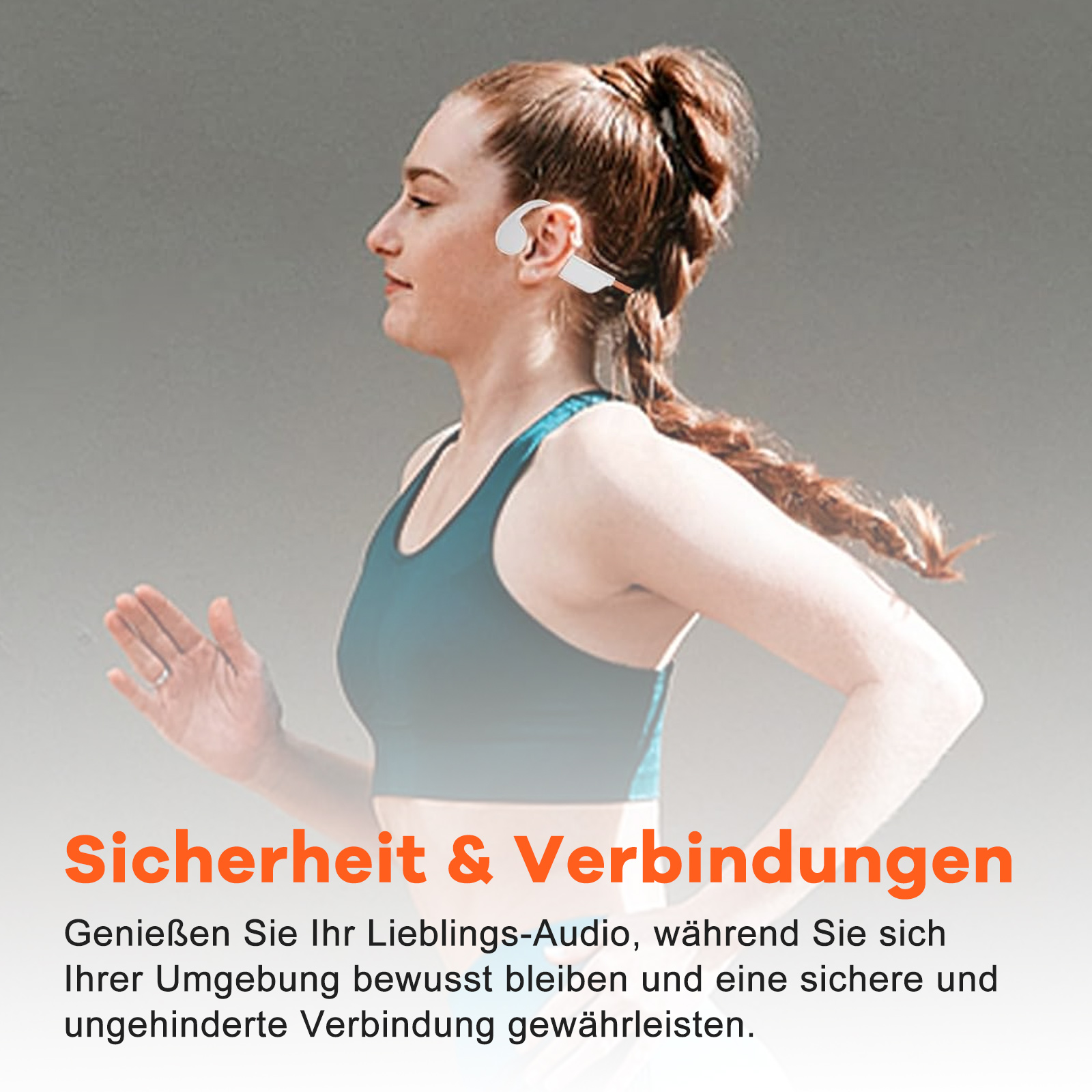 Frau beim Laufen mit Ohrhörern. Text: 'Sicherheit & Verbindungen' wird im unteren Teil des Bildes angezeigt.