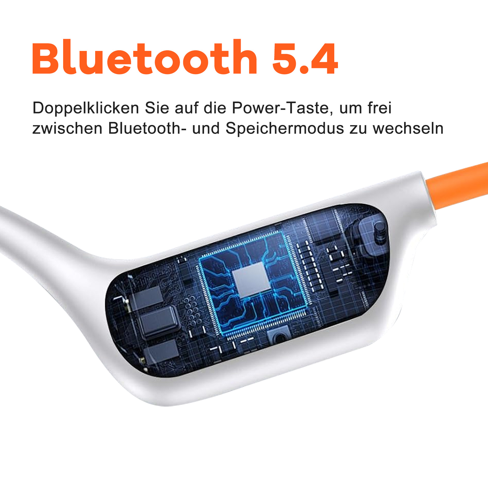 Nahaufnahme eines Bluetooth 5.4 Geräts. Das Gerät ist weiß und orange.