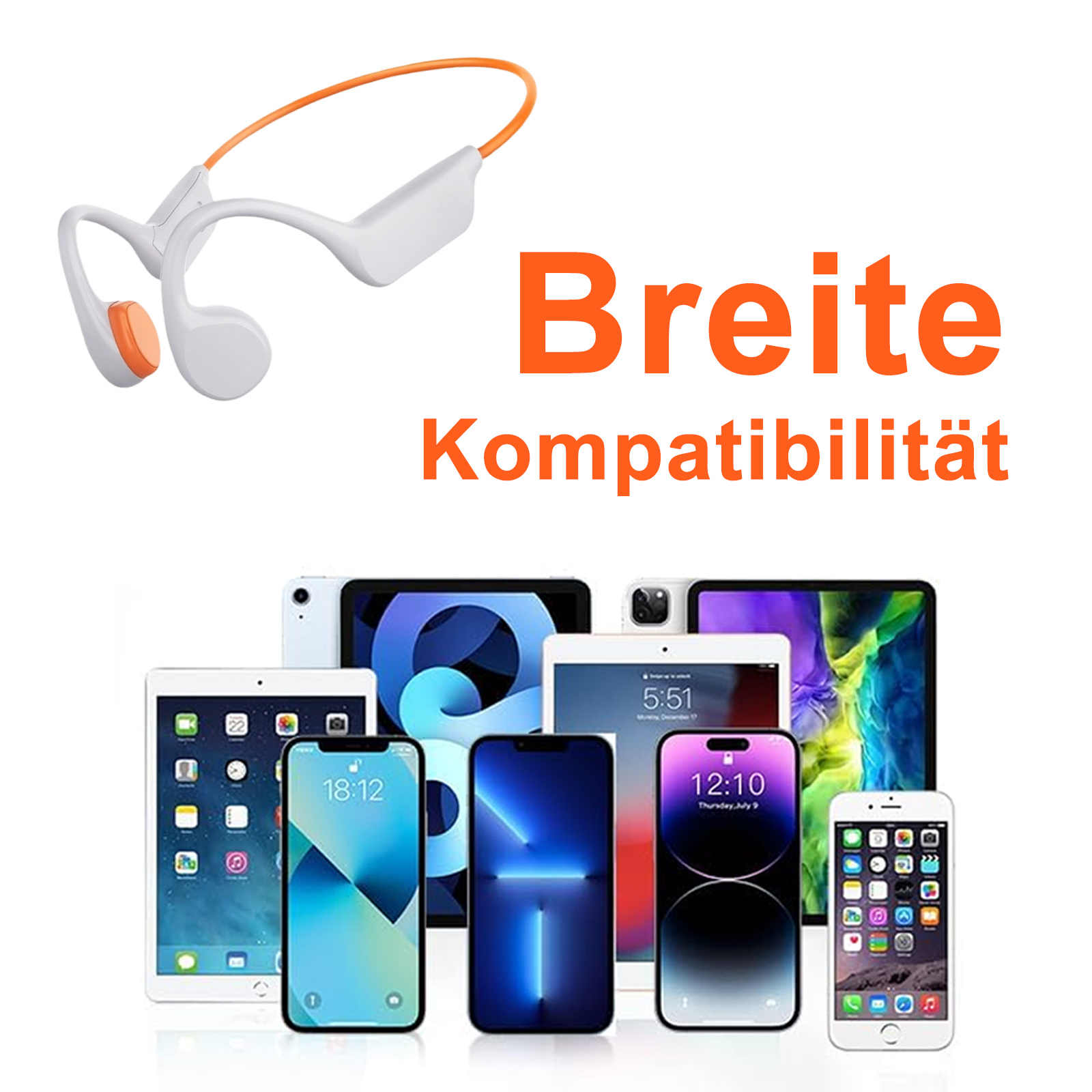 Knochenschallkopfhörer mit einer Vielzahl von Geräten im Hintergrund. Text: 'Breite Kompatibilität' ist sichtbar.