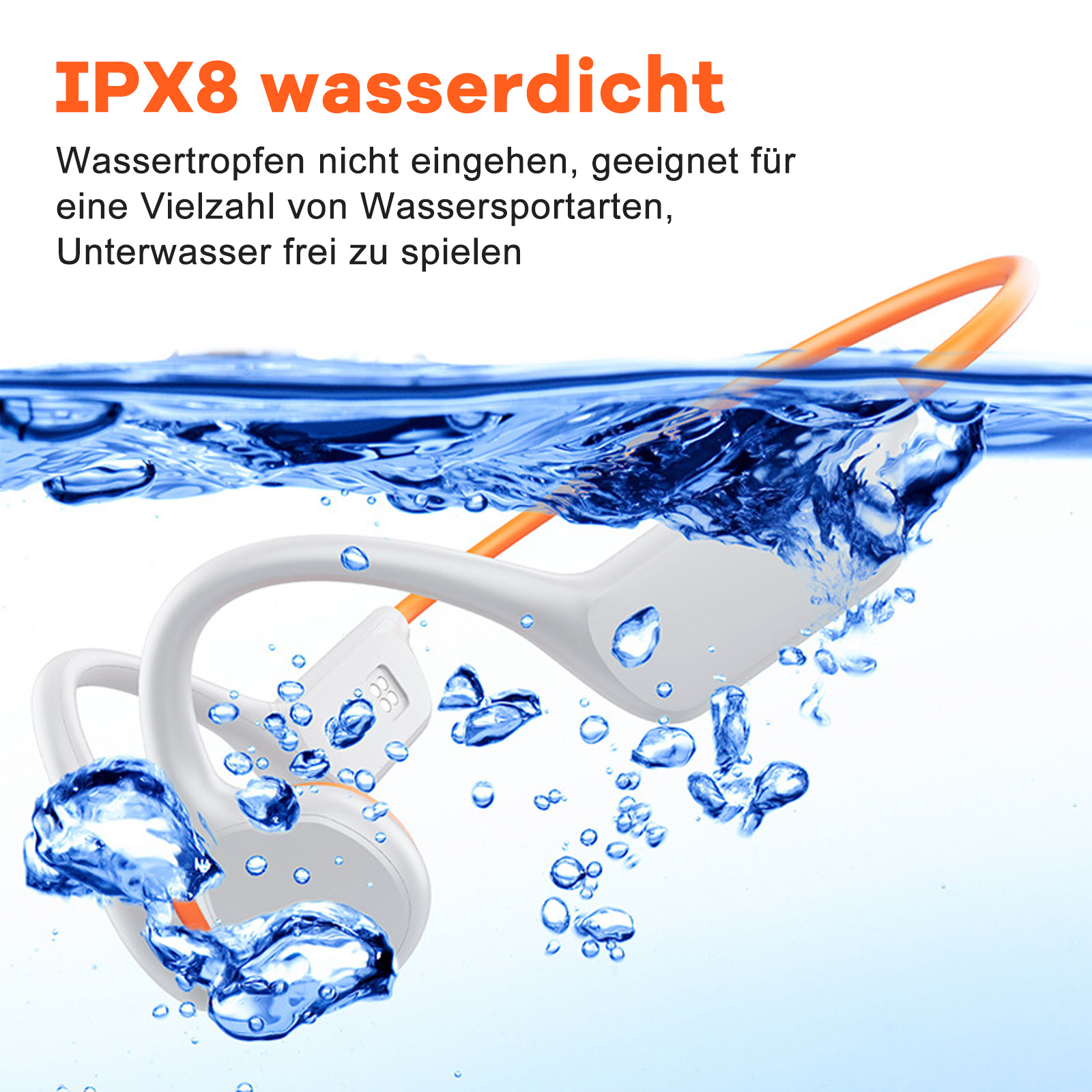 Weiße und orangefarbene wasserdichte Kopfhörer im Wasser, mit Wasserblasen darum herum.