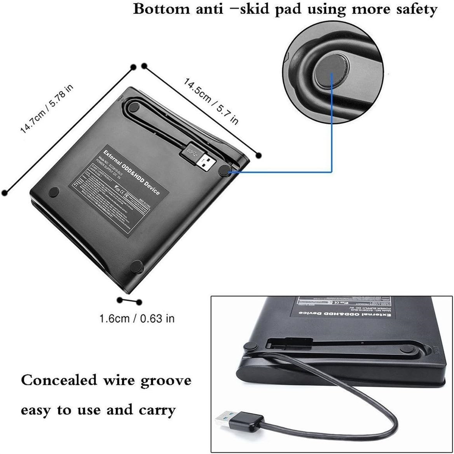 Schwarzes externes CD/DVD-Laufwerk, Rückansicht, zeigt Abmessungen, USB-Kabel und Anti-Rutsch-Pads.