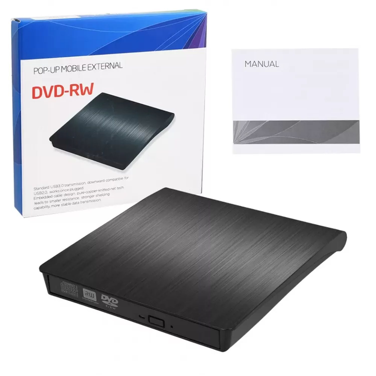 Schwarzes externes DVD-RW-Laufwerk mit Box und Handbuch. Verfügt über ein schlankes Design für USB 3.0.